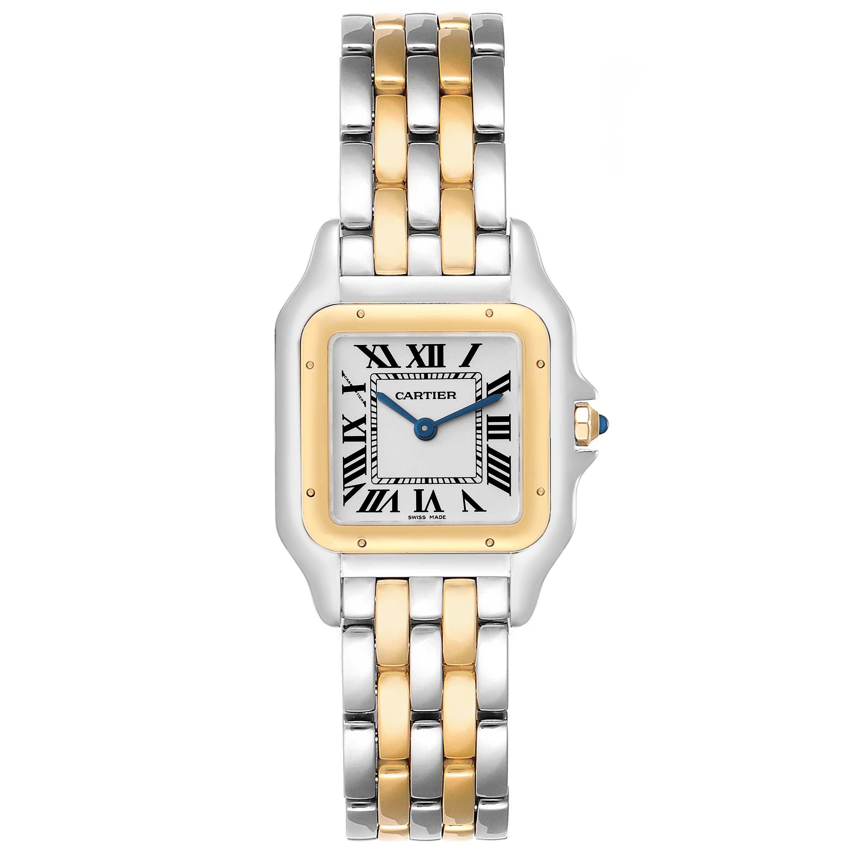 This image shows a front view of the Cartier Panthere W2PN0007 Women's Steel and Gold (two tone) Silver Dial W2PN0007 Women's Steel and Gold (two tone) Silver Dial watch, highlighting its face and two-tone band.