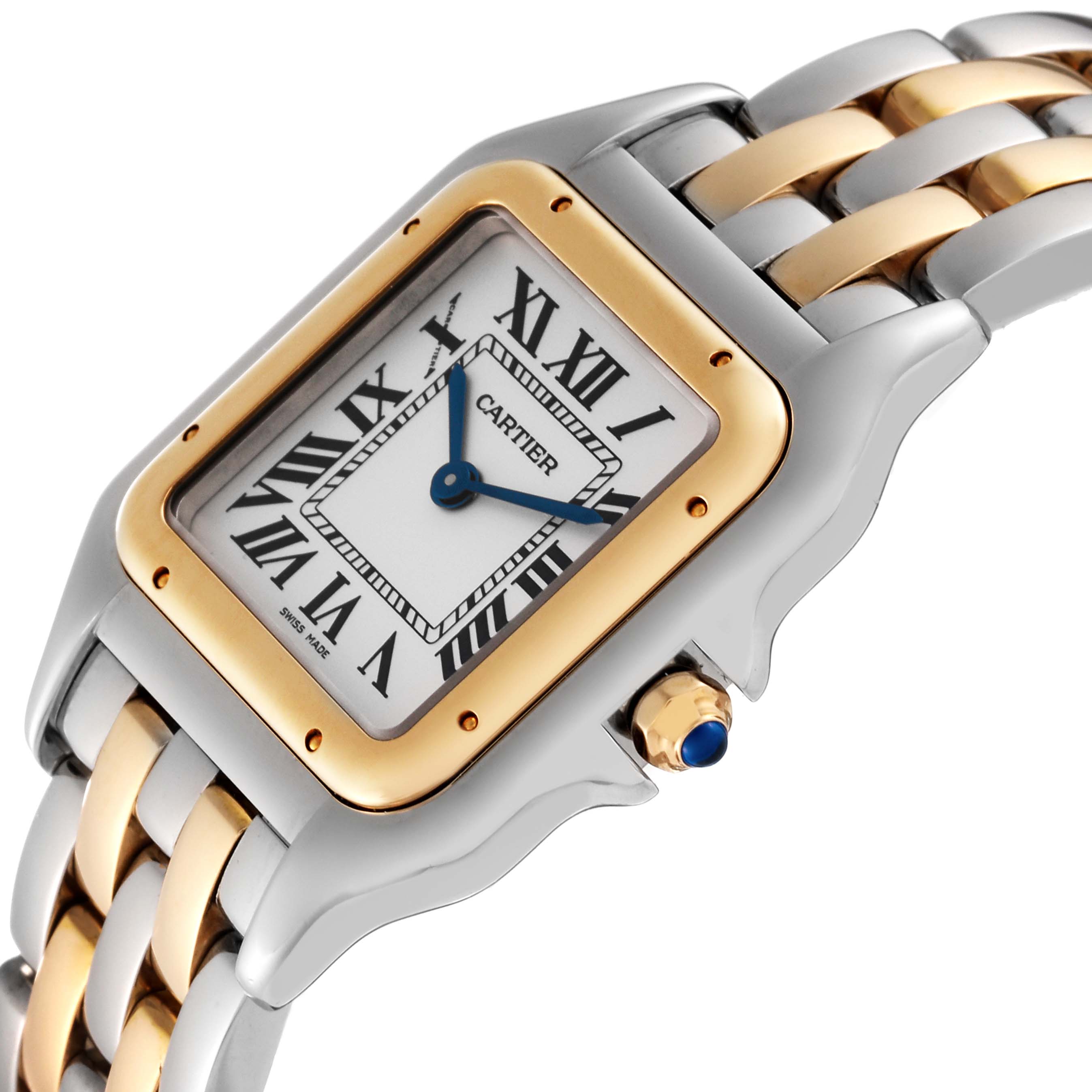 This image shows a close-up angle of the Cartier Panthere W2PN0007 Women's Steel and Gold (two tone) Silver Dial W2PN0007 Women's Steel and Gold (two tone) Silver Dial watch, highlighting the face, crown, and bracelet.