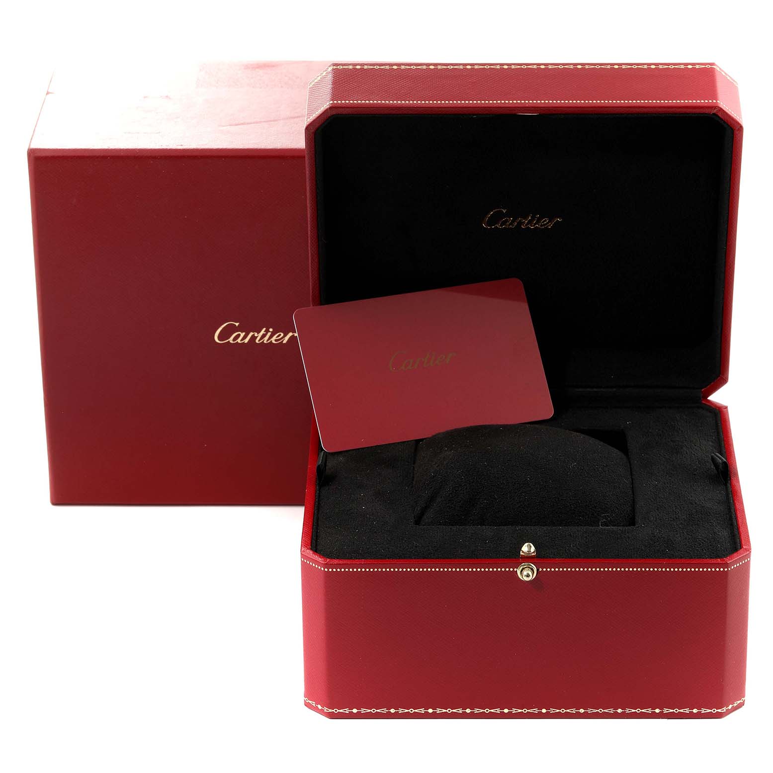 The image shows a Cartier Panthere W2PN0007 Women's Steel and Gold (two tone) Silver Dial W2PN0007 Women's Steel and Gold (two tone) Silver Dial watch box set, featuring an open red presentation box and authenticity card.
