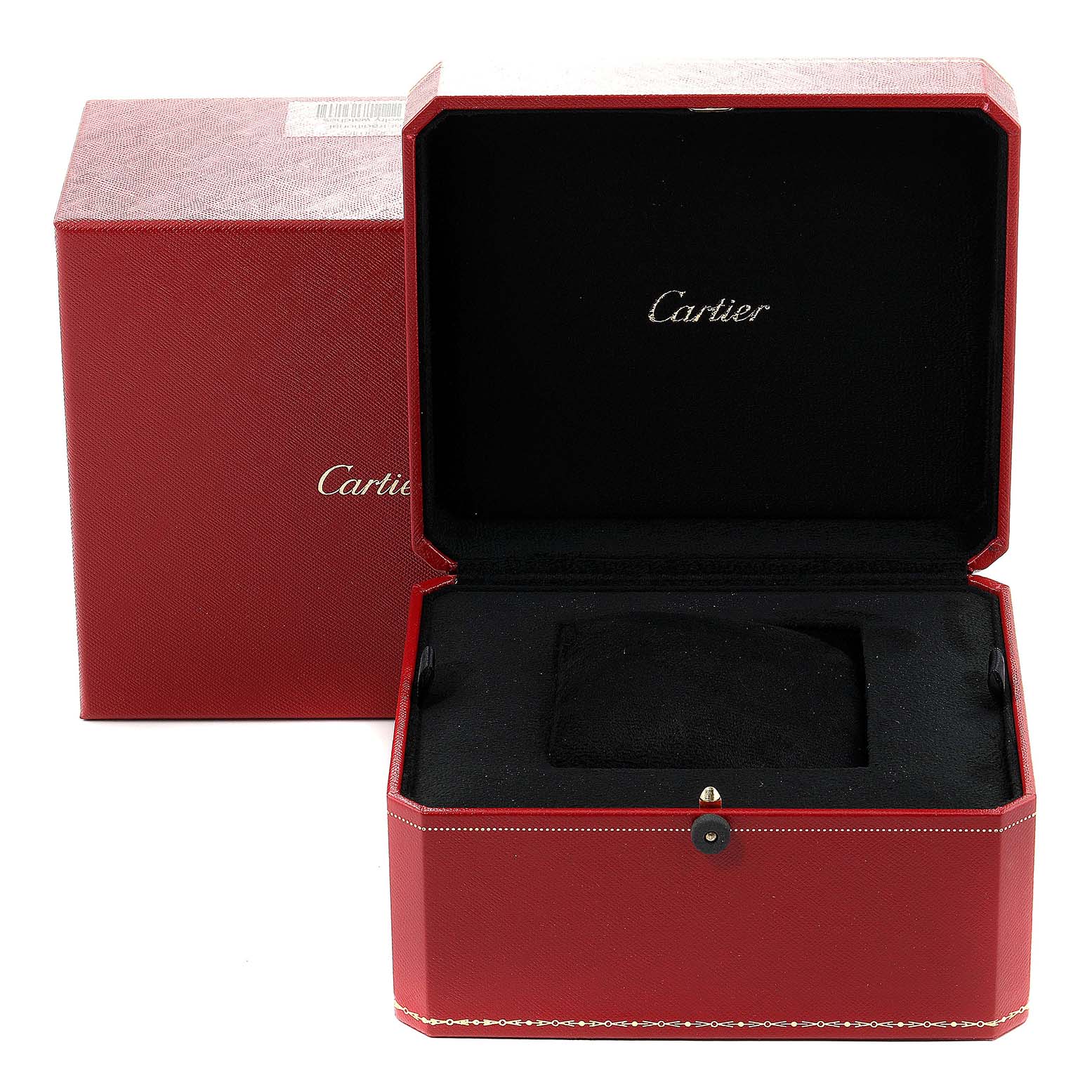 The image shows an open red Cartier box for the Pasha model watch, displaying the interior cushion and branding.