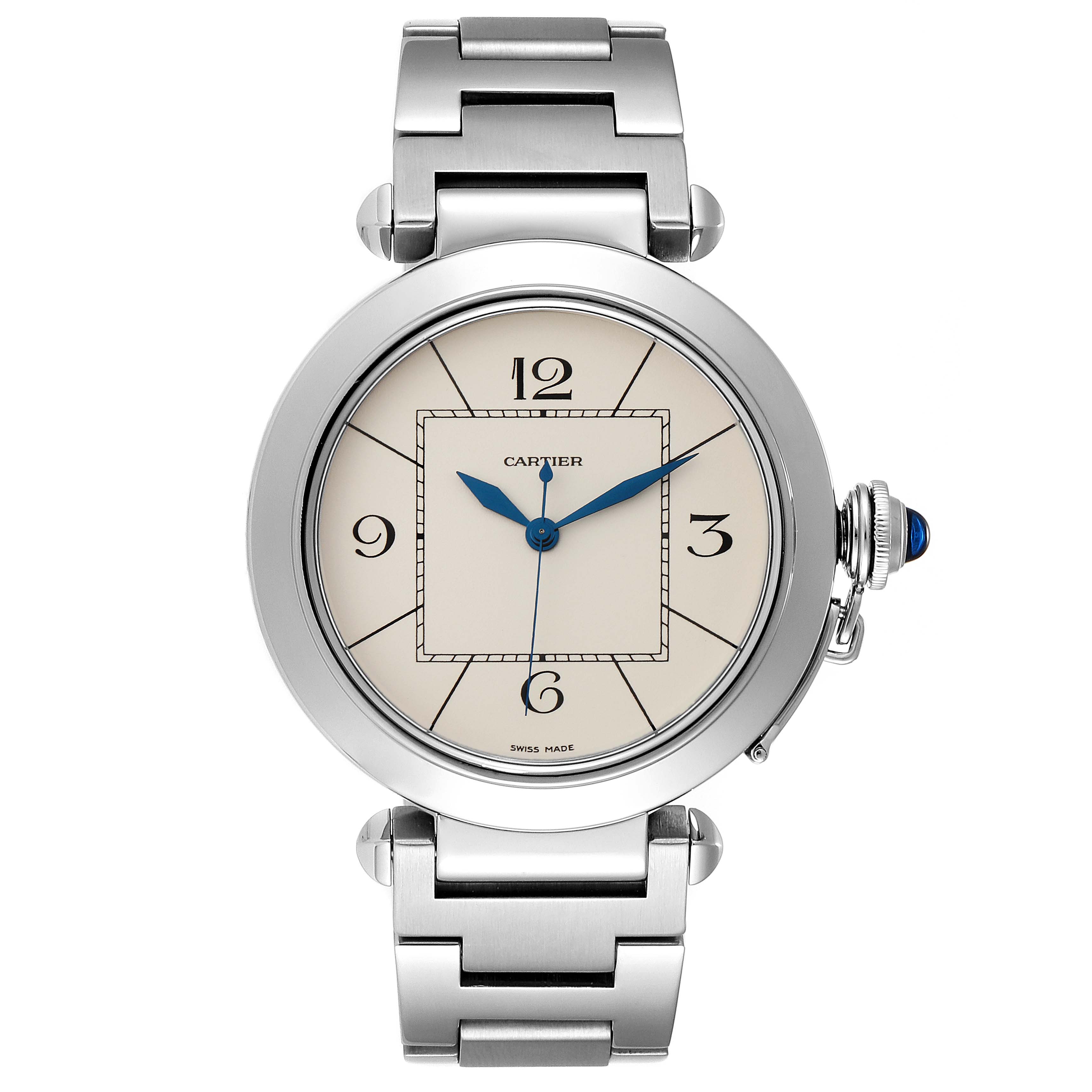 The image shows a front view of the Cartier Pasha W31072M7 Men's Stainless Steel Silver Dial W31072M7 Men's Stainless Steel Silver Dial watch, highlighting its dial, blue hands, crown, and metal bracelet.