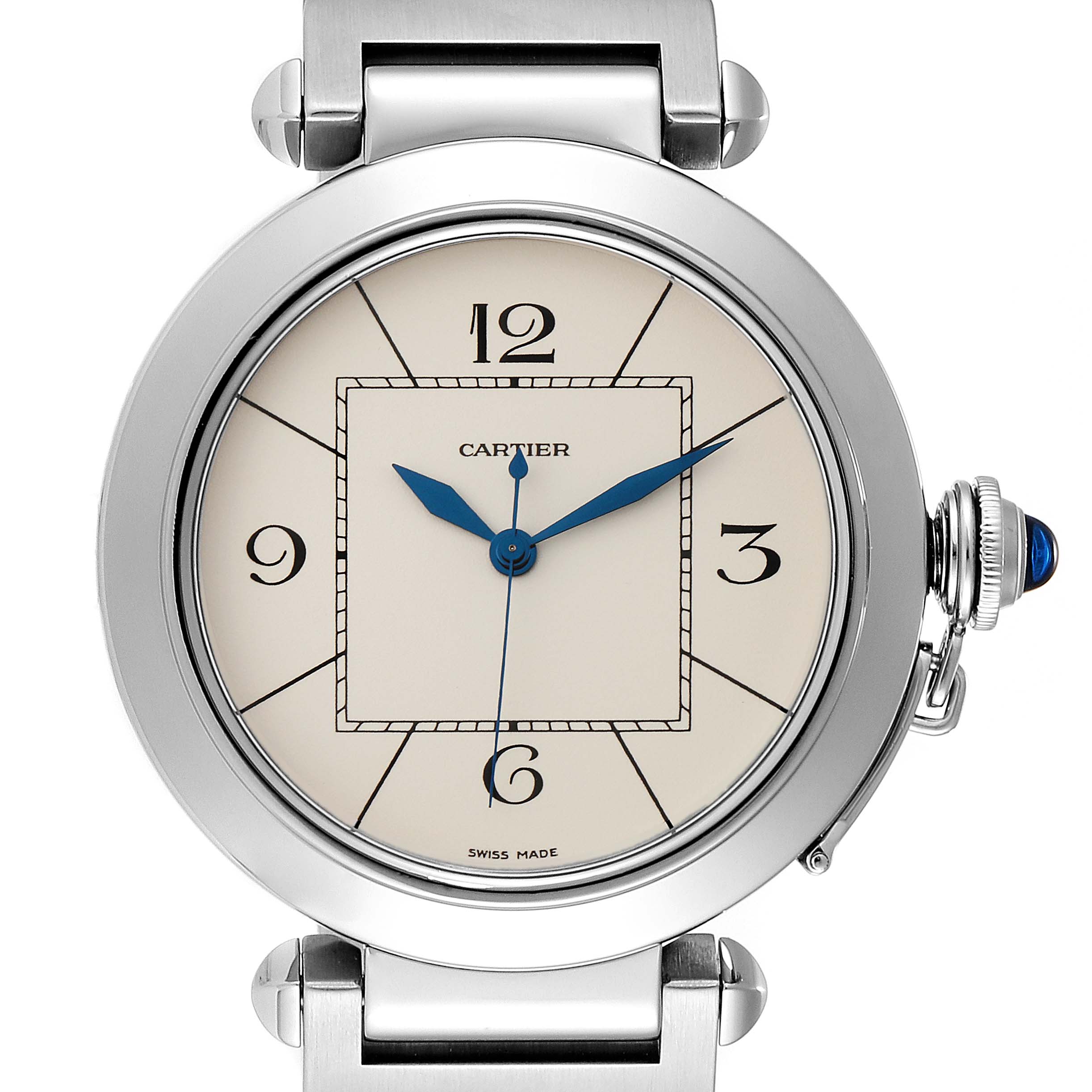 The image shows a front view of a Cartier Pasha W31072M7 Men's Stainless Steel Silver Dial W31072M7 Men's Stainless Steel Silver Dial watch, highlighting its round dial, blue hands, and signature crown with a blue cabochon.