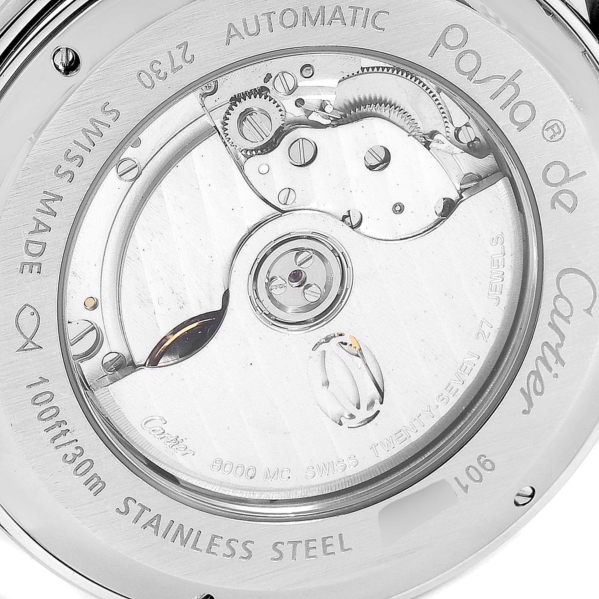 This image shows the back of a Cartier Pasha W31072M7 Men's Stainless Steel Silver Dial W31072M7 Men's Stainless Steel Silver Dial watch, revealing its automatic movement and stainless steel casing.
