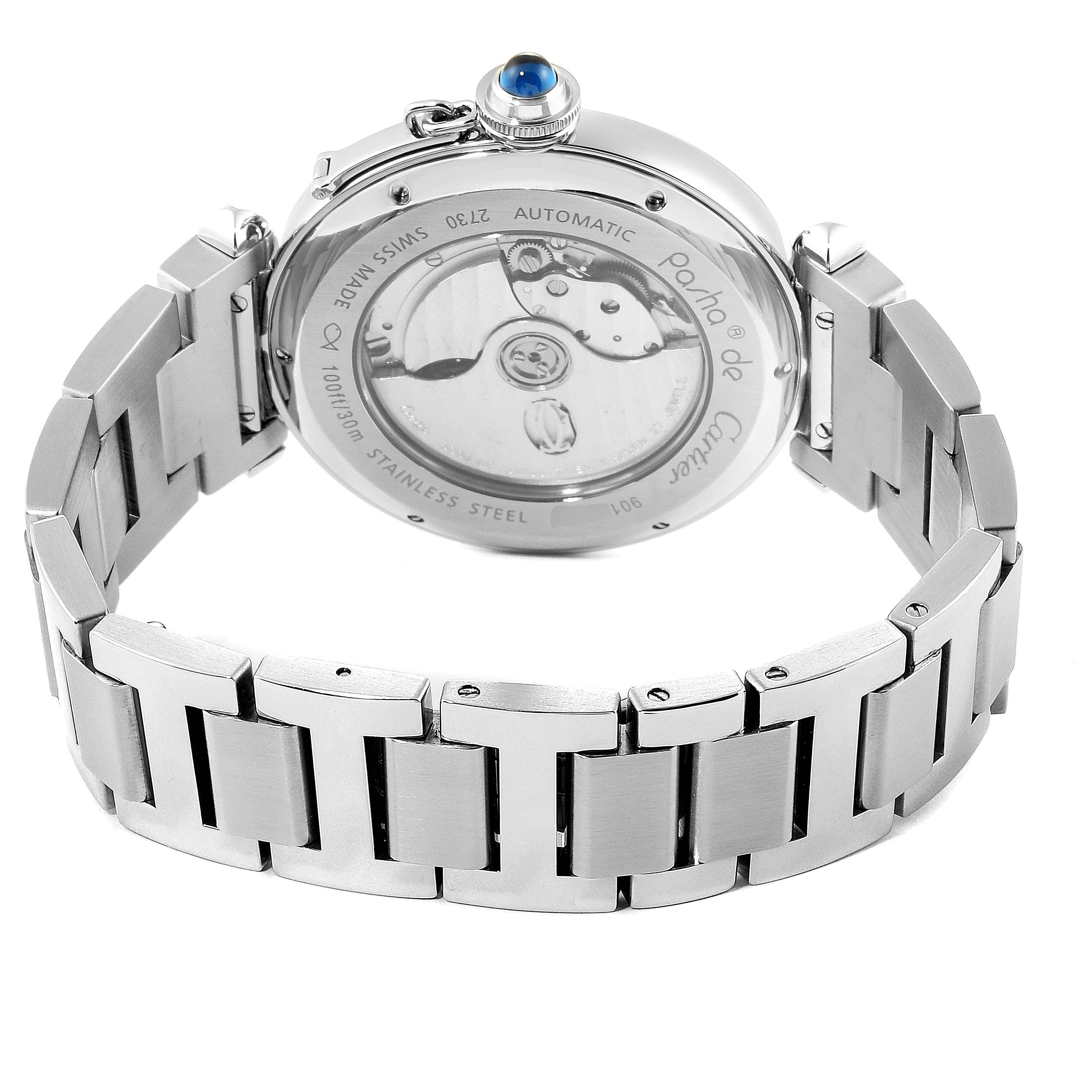 The image shows the back view of a Cartier Pasha W31072M7 Men's Stainless Steel Silver Dial W31072M7 Men's Stainless Steel Silver Dial watch, highlighting its automatic movement and stainless steel bracelet.