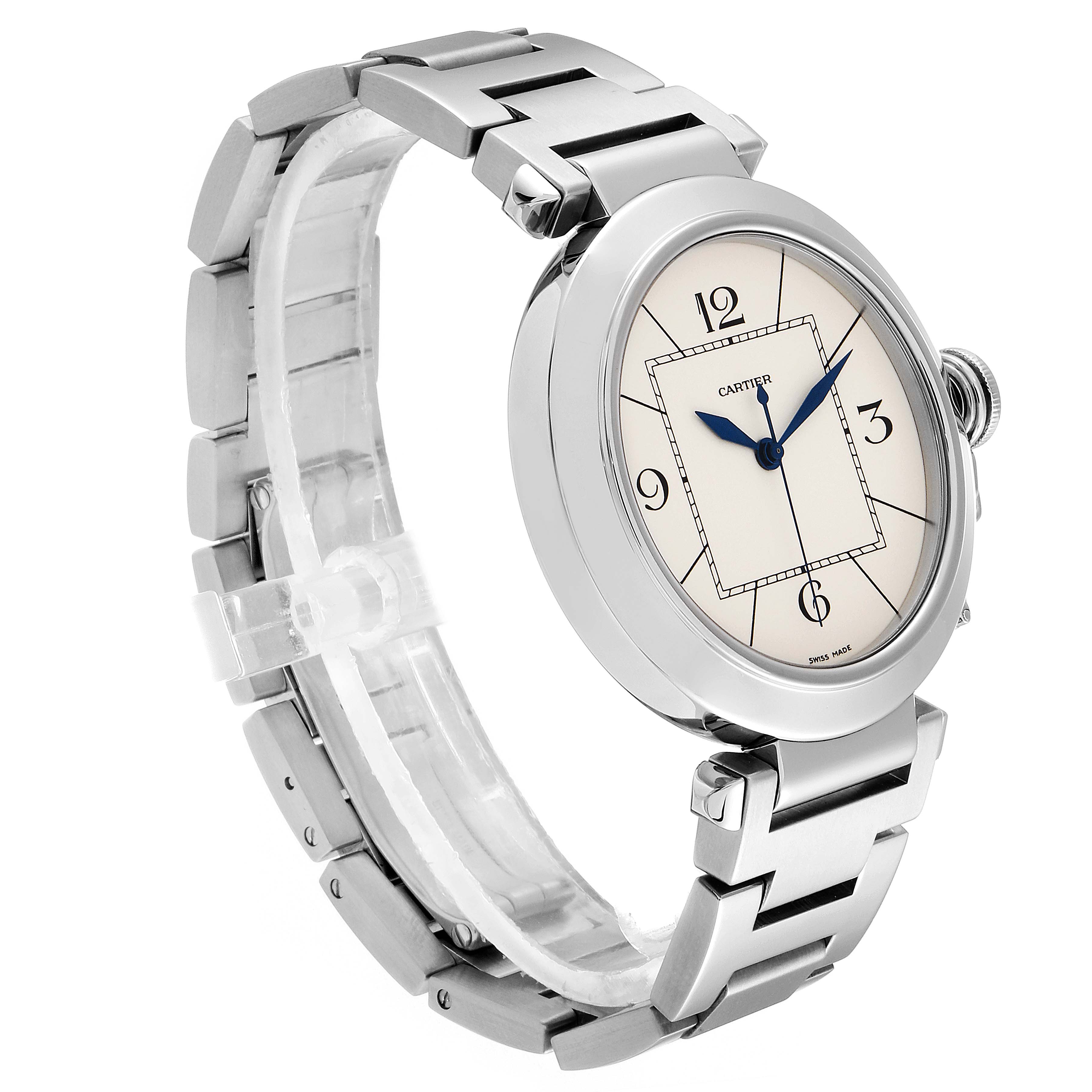 The image shows a Cartier Pasha W31072M7 Men's Stainless Steel Silver Dial W31072M7 Men's Stainless Steel Silver Dial model watch from a three-quarter side angle, highlighting its face, bezel, and bracelet.