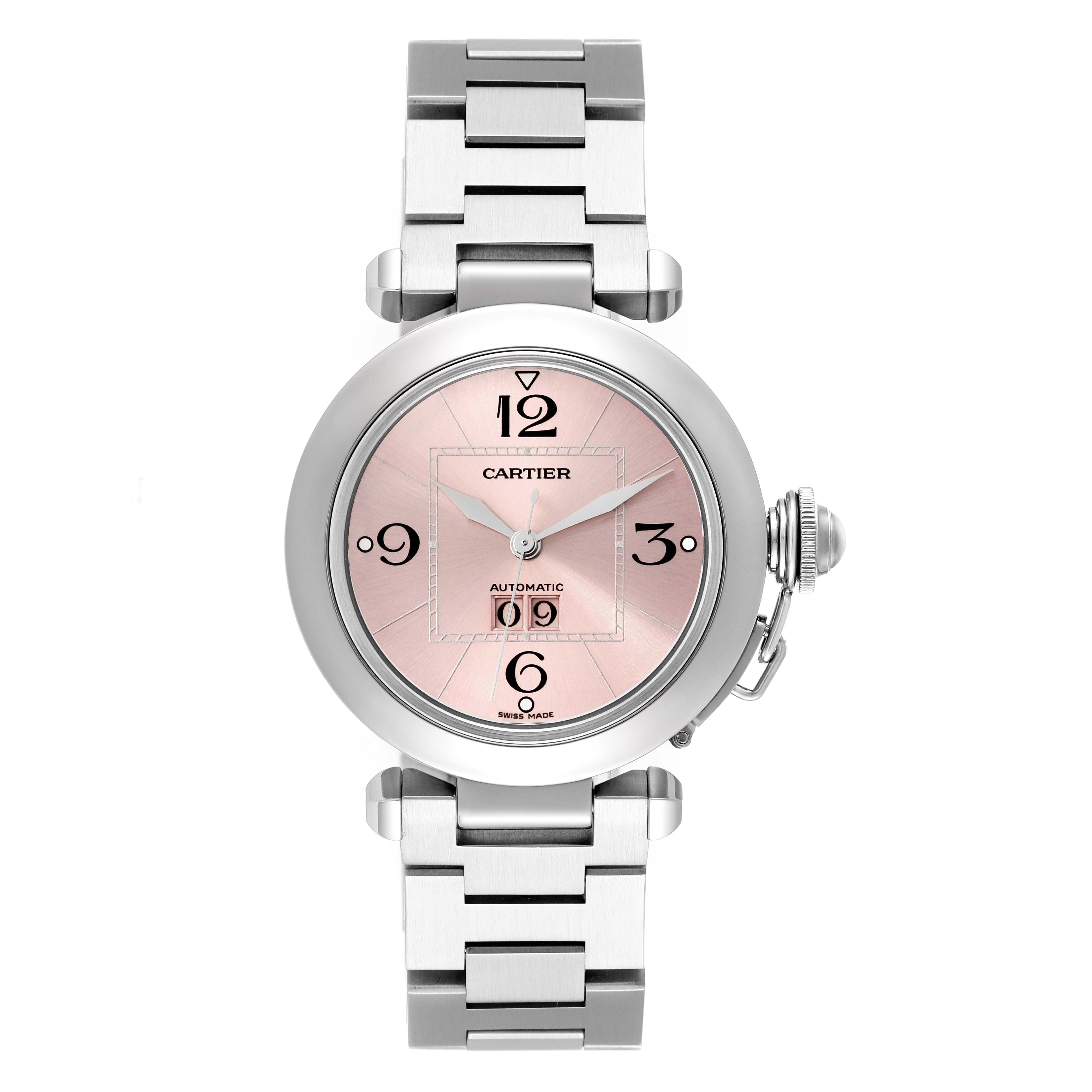 The image shows a Cartier Pasha W31058M7 Women's Stainless Steel Pink Dial W31058M7 Women's Stainless Steel Pink Dial model watch from a front angle, highlighting its silver bracelet and pink dial.