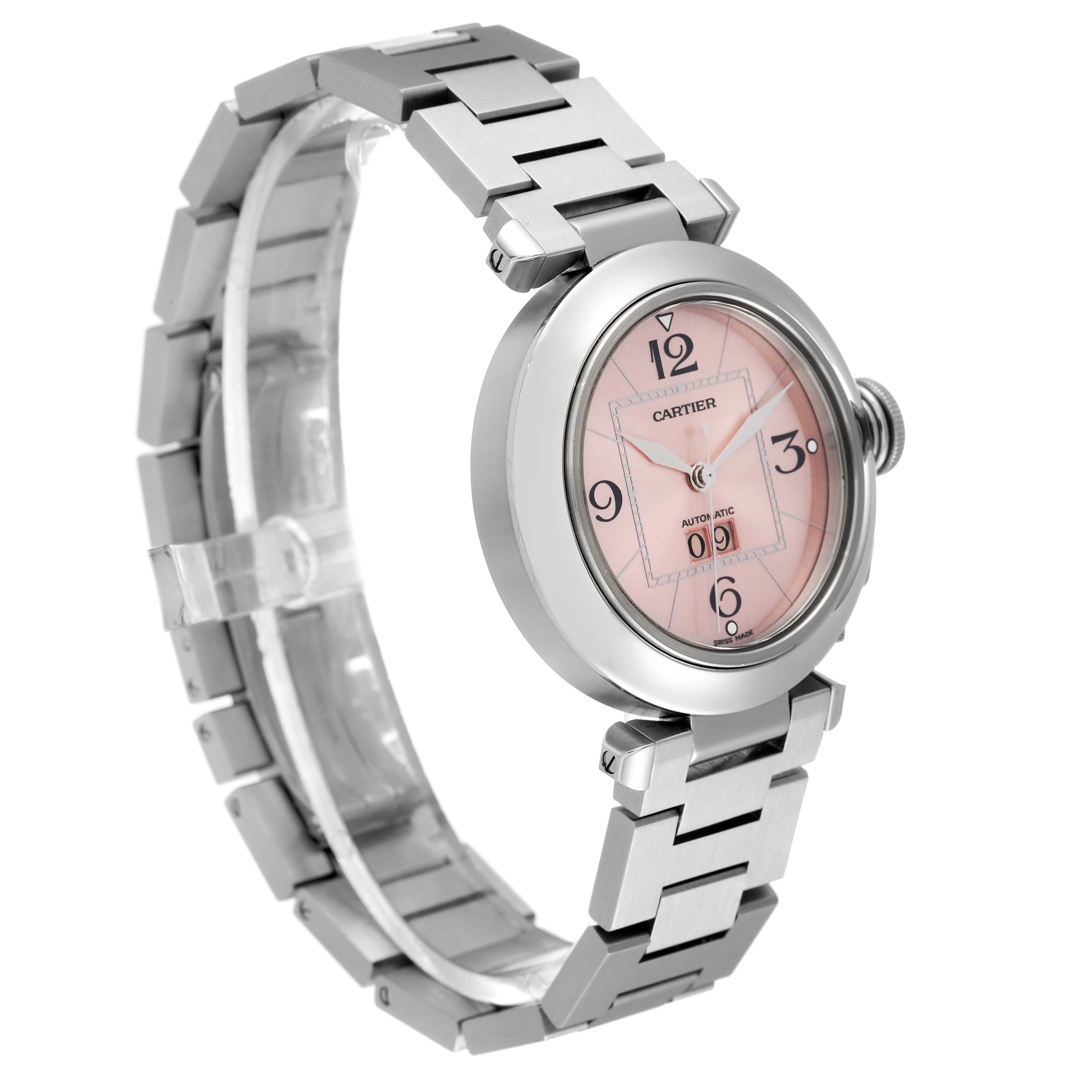 This image shows a Cartier Pasha W31058M7 Women's Stainless Steel Pink Dial W31058M7 Women's Stainless Steel Pink Dial watch at a three-quarter angle, highlighting its metal bracelet and pink dial.