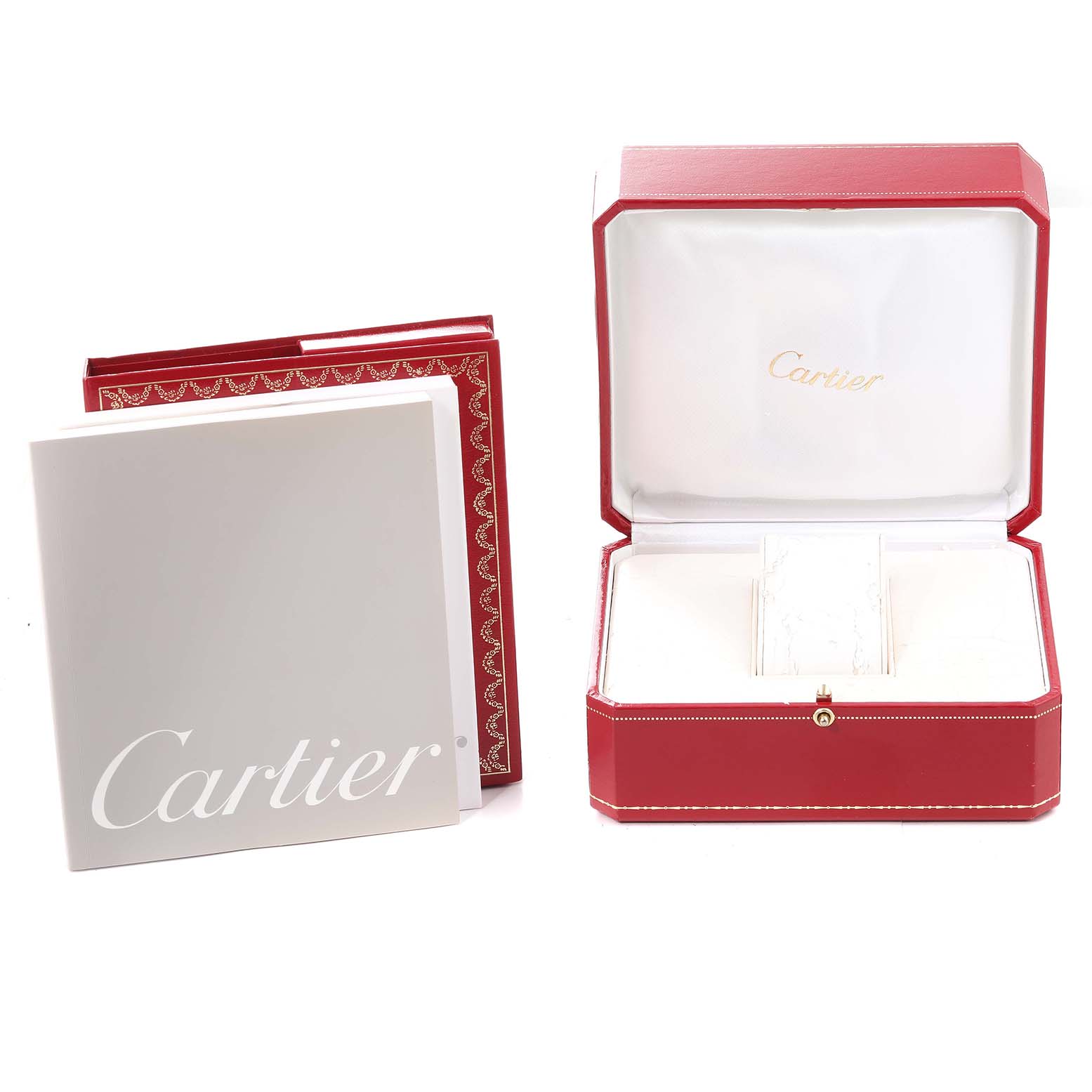 The image shows the packaging for a Cartier Pasha W31058M7 Women's Stainless Steel Pink Dial W31058M7 Women's Stainless Steel Pink Dial watch, including a red watch box and a booklet.