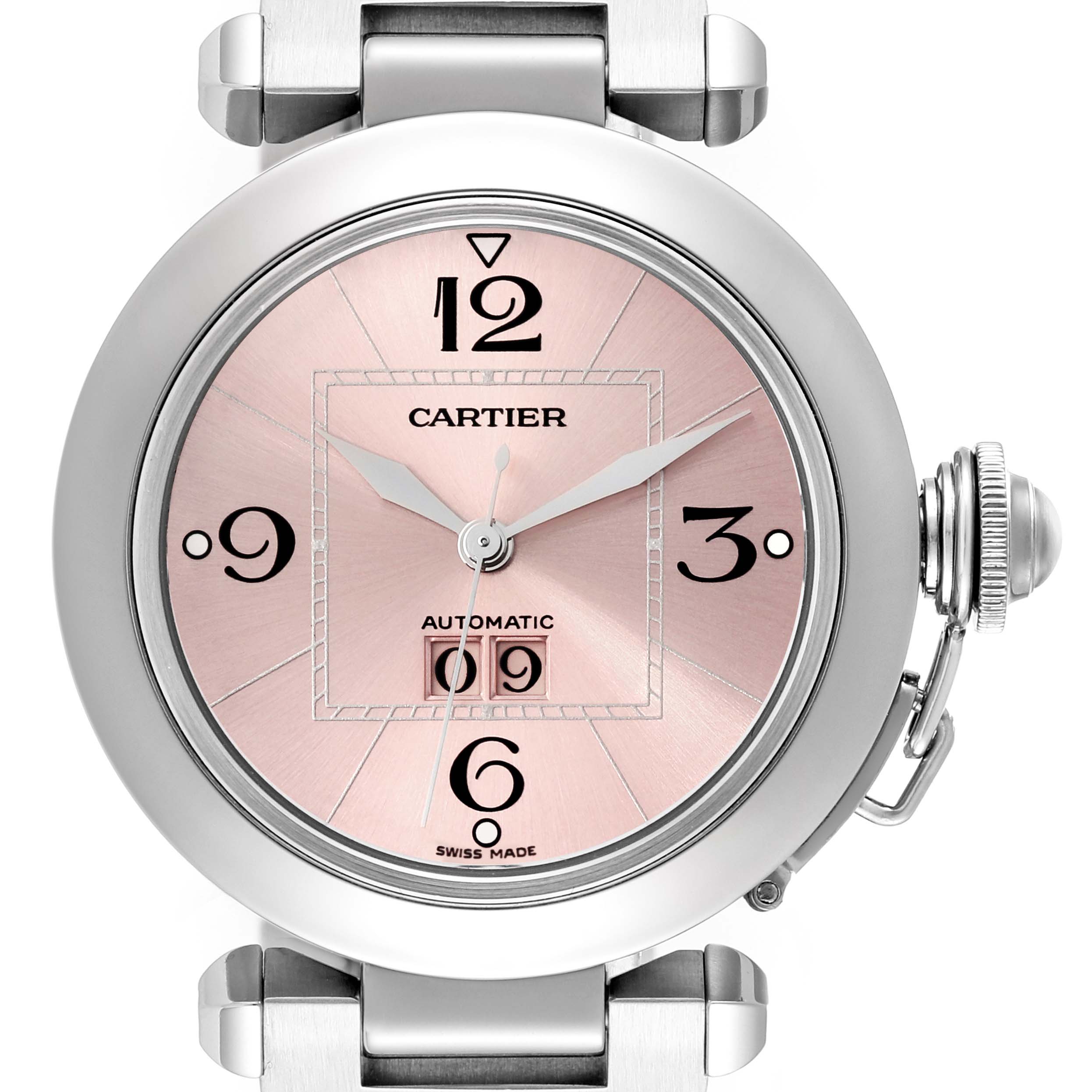 The image shows a close-up front view of the Cartier Pasha W31058M7 Women's Stainless Steel Pink Dial W31058M7 Women's Stainless Steel Pink Dial watch, highlighting its dial, hands, and crown.
