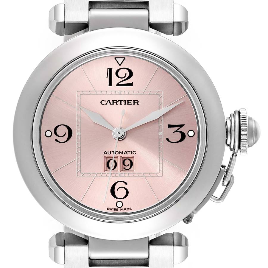 Cartier Pasha Big Date Pink Dial Steel Ladies Watch W31058M7 Box Papers SwissWatchExpo