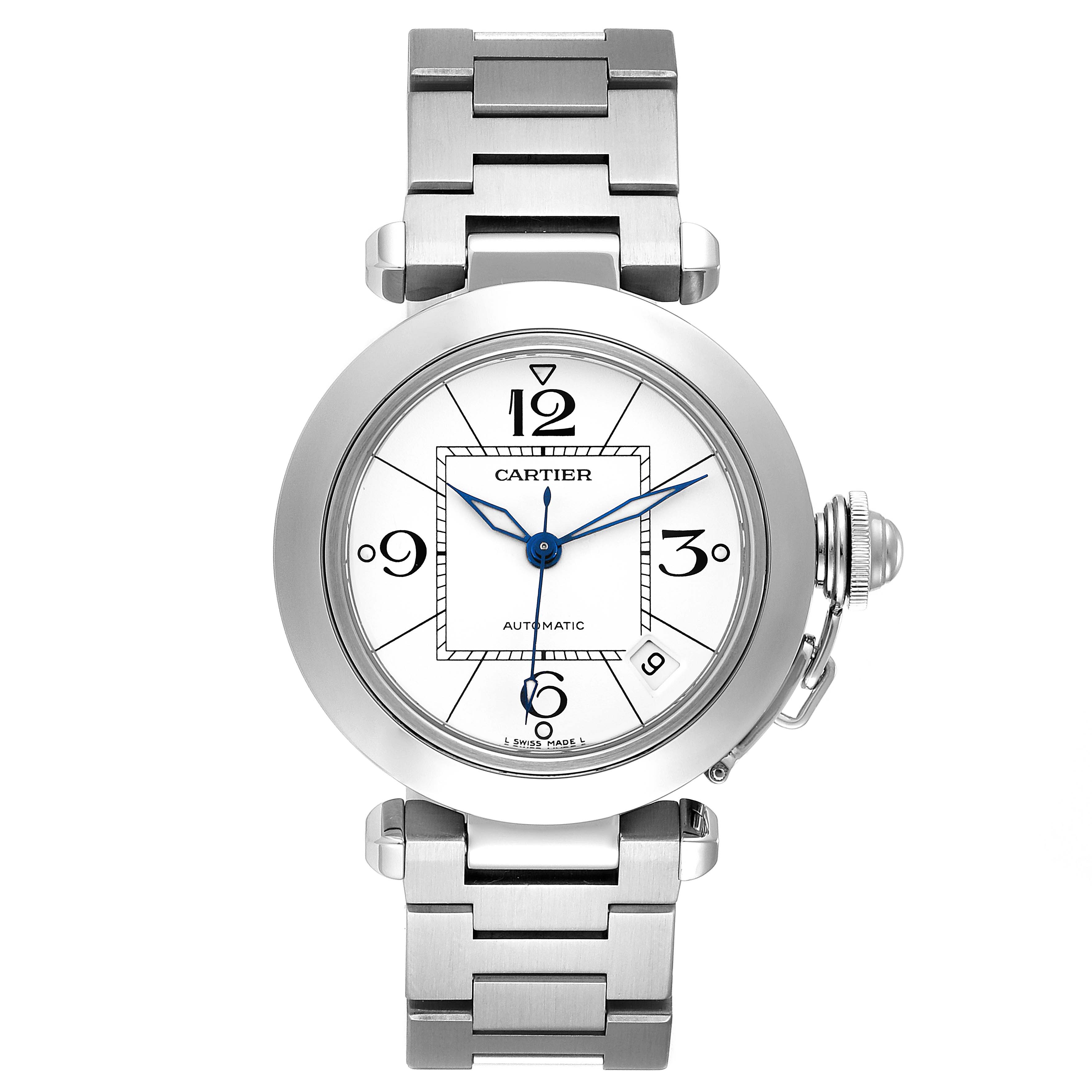 This image shows a frontal view of the Cartier Pasha W31074M7 Men's Stainless Steel White Dial W31074M7 Men's Stainless Steel White Dial watch, highlighting the dial, hands, and metal bracelet.
