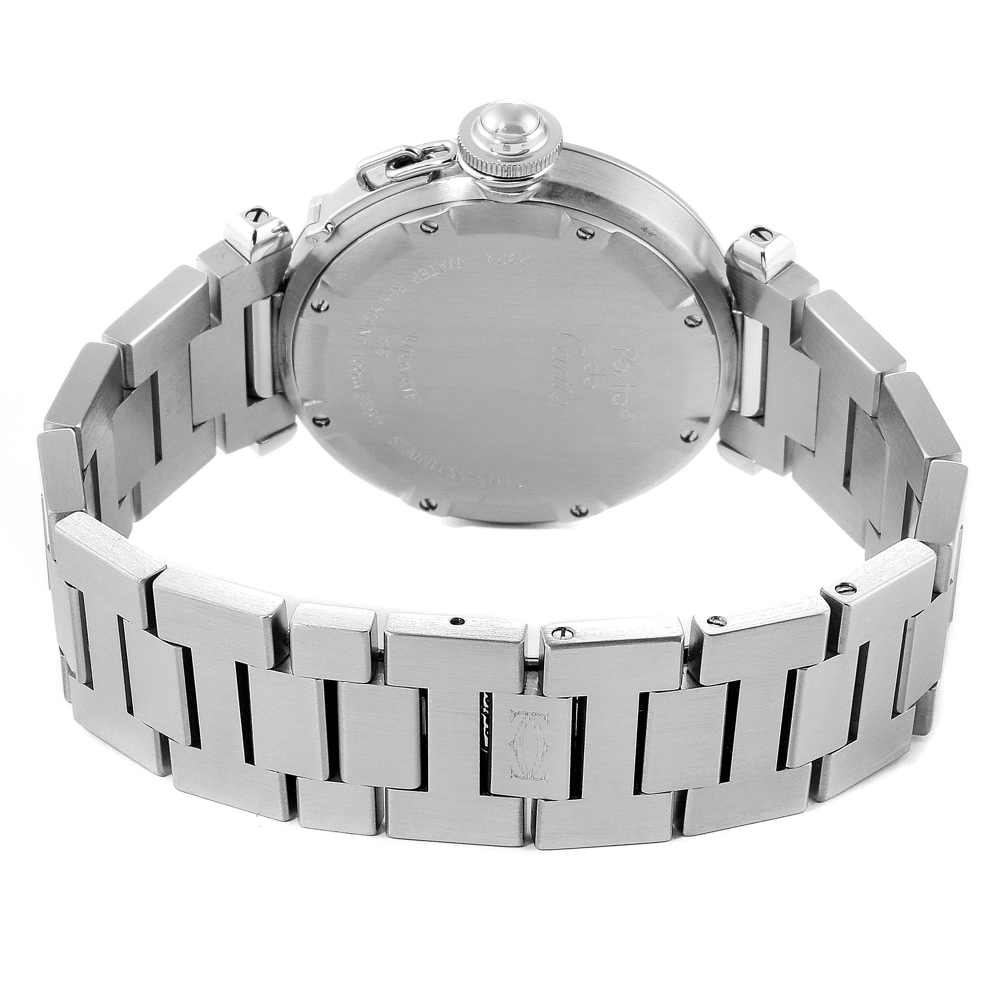 This image shows the back case and bracelet of the Cartier Pasha W31074M7 Men's Stainless Steel White Dial W31074M7 Men's Stainless Steel White Dial watch from a rear angle.