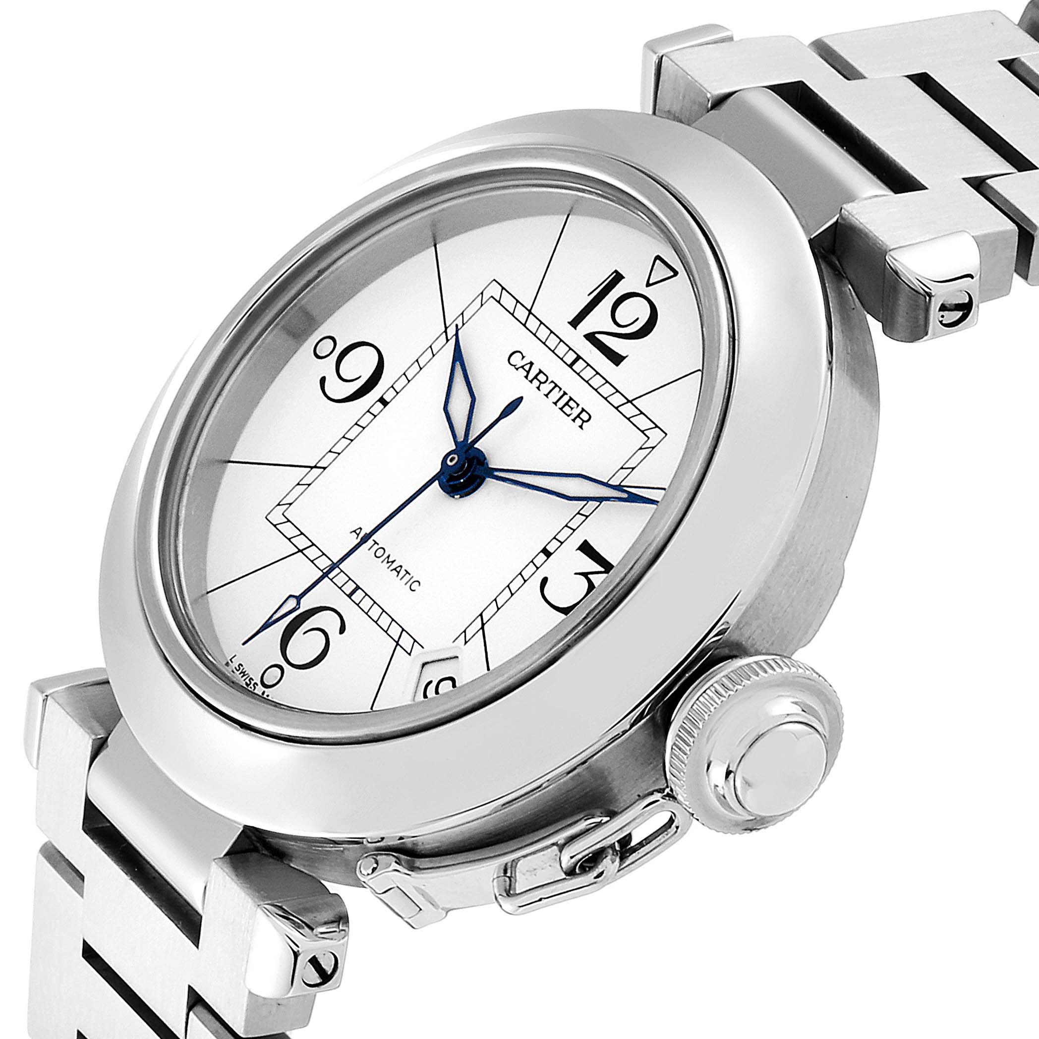 This image shows a Cartier Pasha W31074M7 Men's Stainless Steel White Dial W31074M7 Men's Stainless Steel White Dial watch at an angled close-up, highlighting the dial, crown, and part of the bracelet.