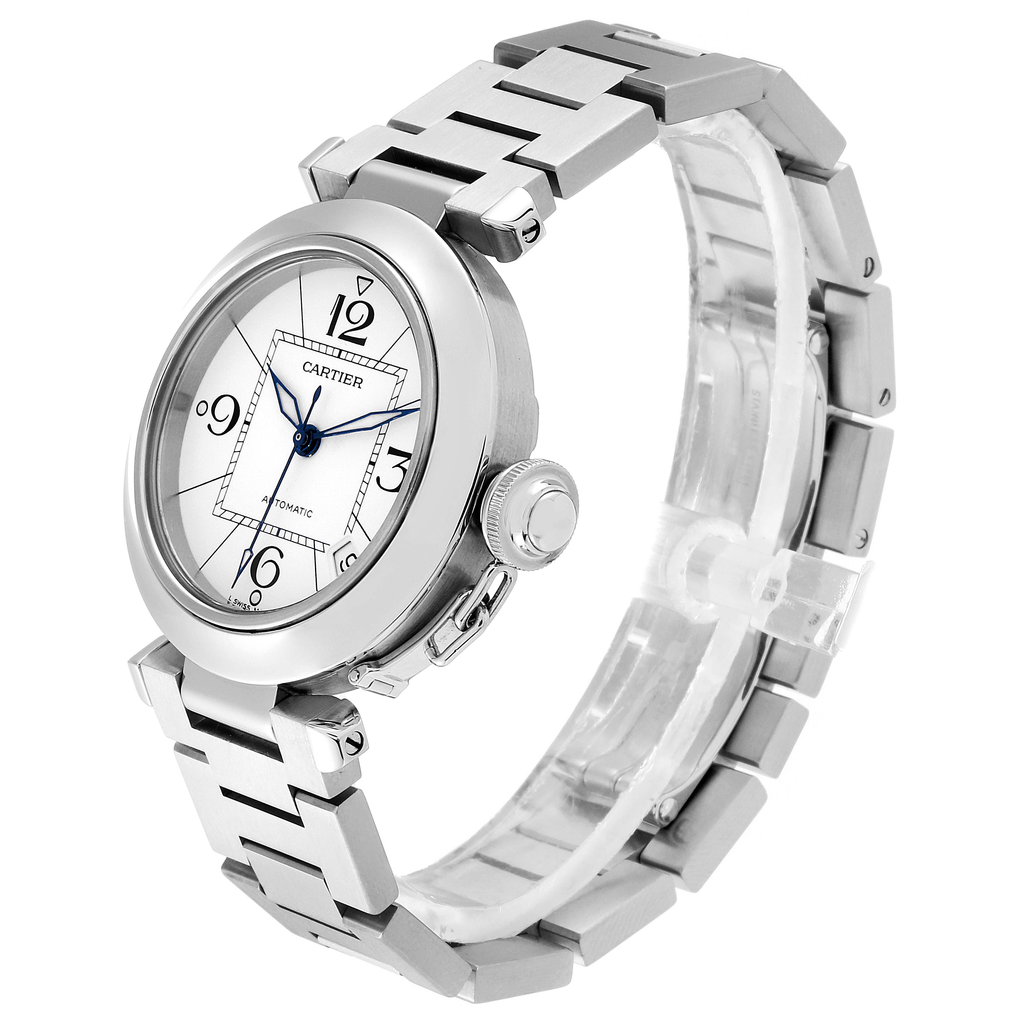 The image shows a Cartier Pasha W31074M7 Men's Stainless Steel White Dial W31074M7 Men's Stainless Steel White Dial watch at a three-quarter angle, highlighting the face, strap, and crown.