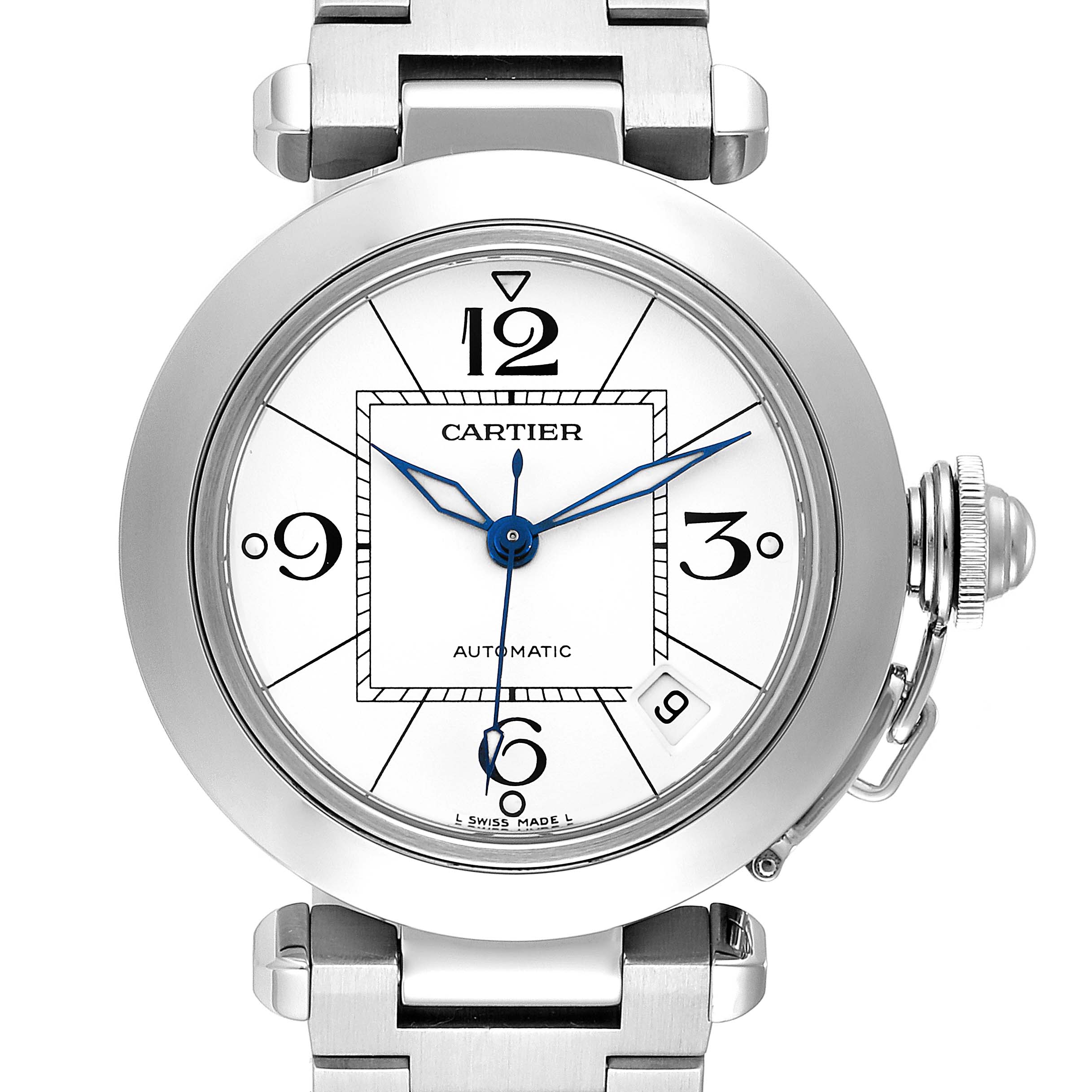 The image shows a frontal view of a Cartier Pasha W31074M7 Men's Stainless Steel White Dial W31074M7 Men's Stainless Steel White Dial model watch with a stainless steel bracelet and a white dial.