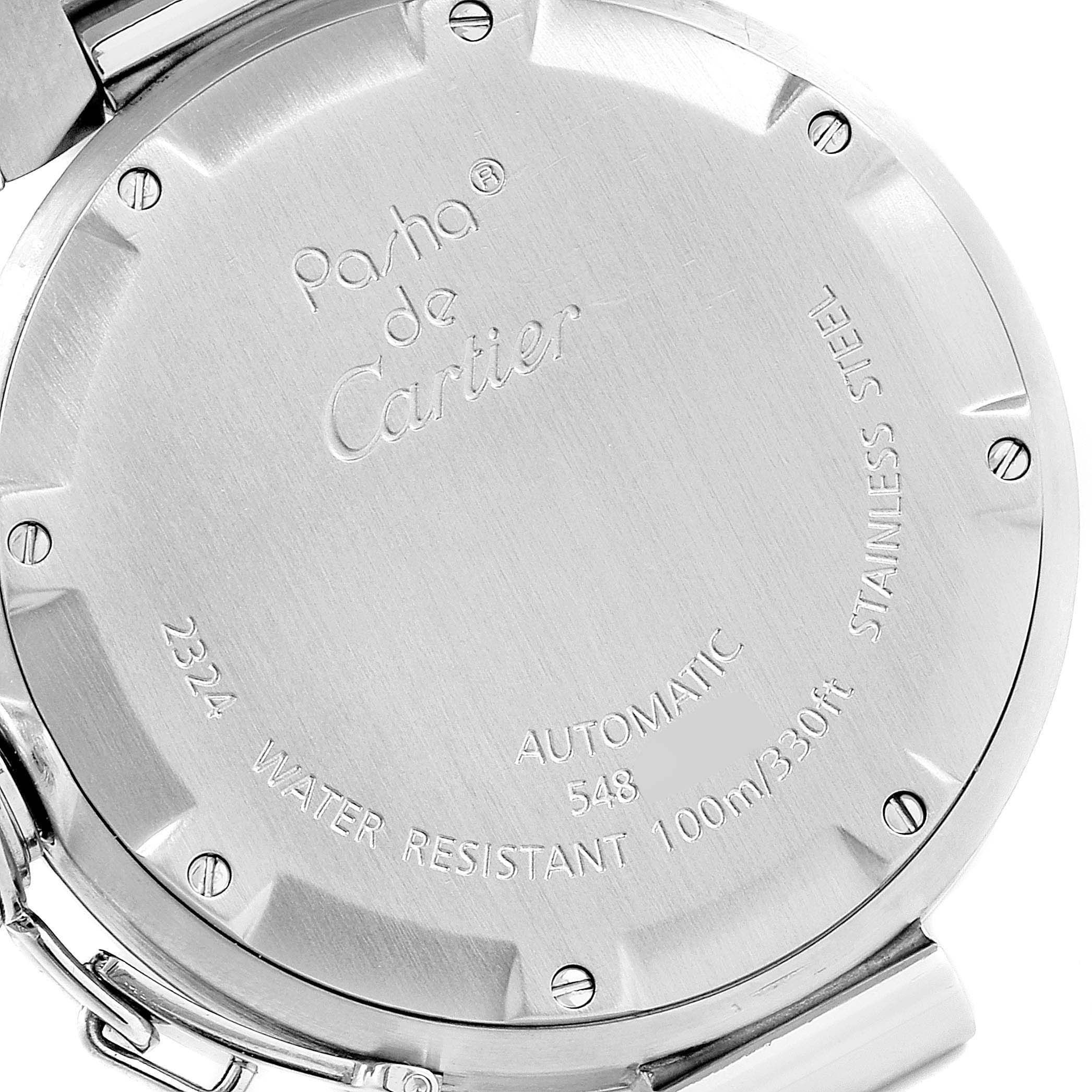 This image shows the back case of a Cartier Pasha W31074M7 Men's Stainless Steel White Dial W31074M7 Men's Stainless Steel White Dial watch, displaying its model details and water resistance markings.