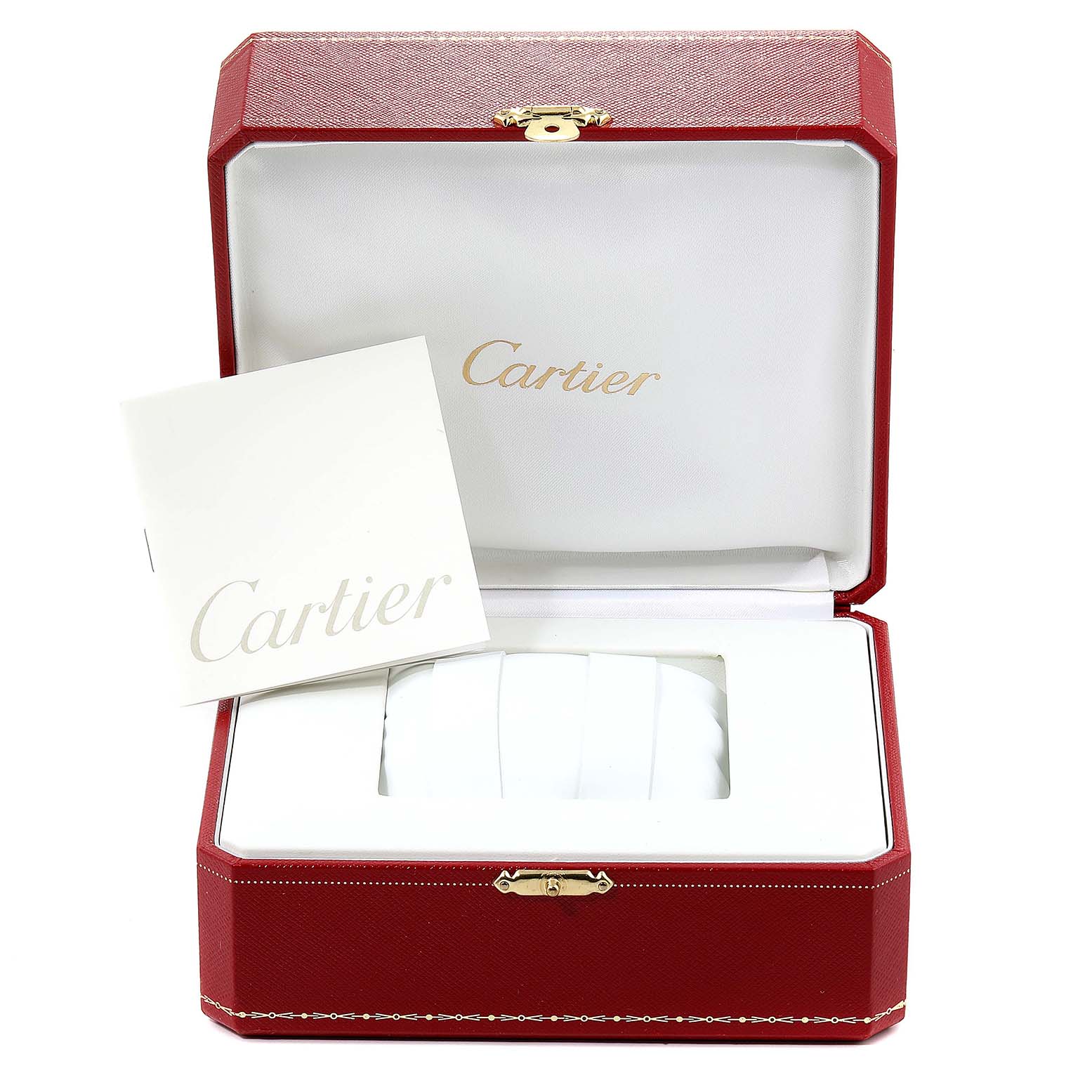 The image shows an open Cartier Pasha W31074M7 Men's Stainless Steel White Dial W31074M7 Men's Stainless Steel White Dial watch box with white cushions and a Cartier booklet inside.