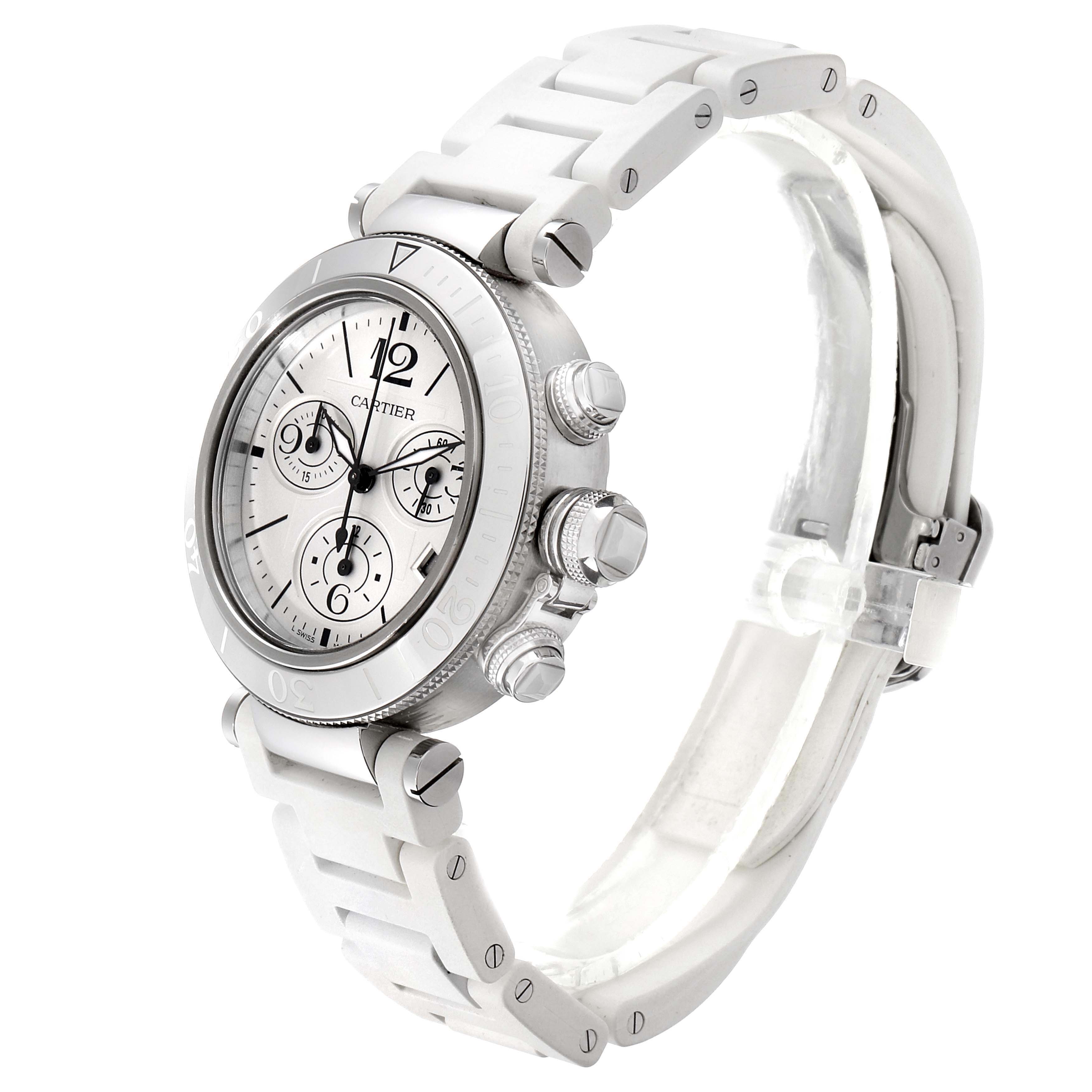 The Cartier Pasha W3140005 Men's Stainless Steel White Dial W3140005 Men's Stainless Steel White Dial watch is shown at an angled side view, displaying its face, chronograph dials, bezel, and white strap.