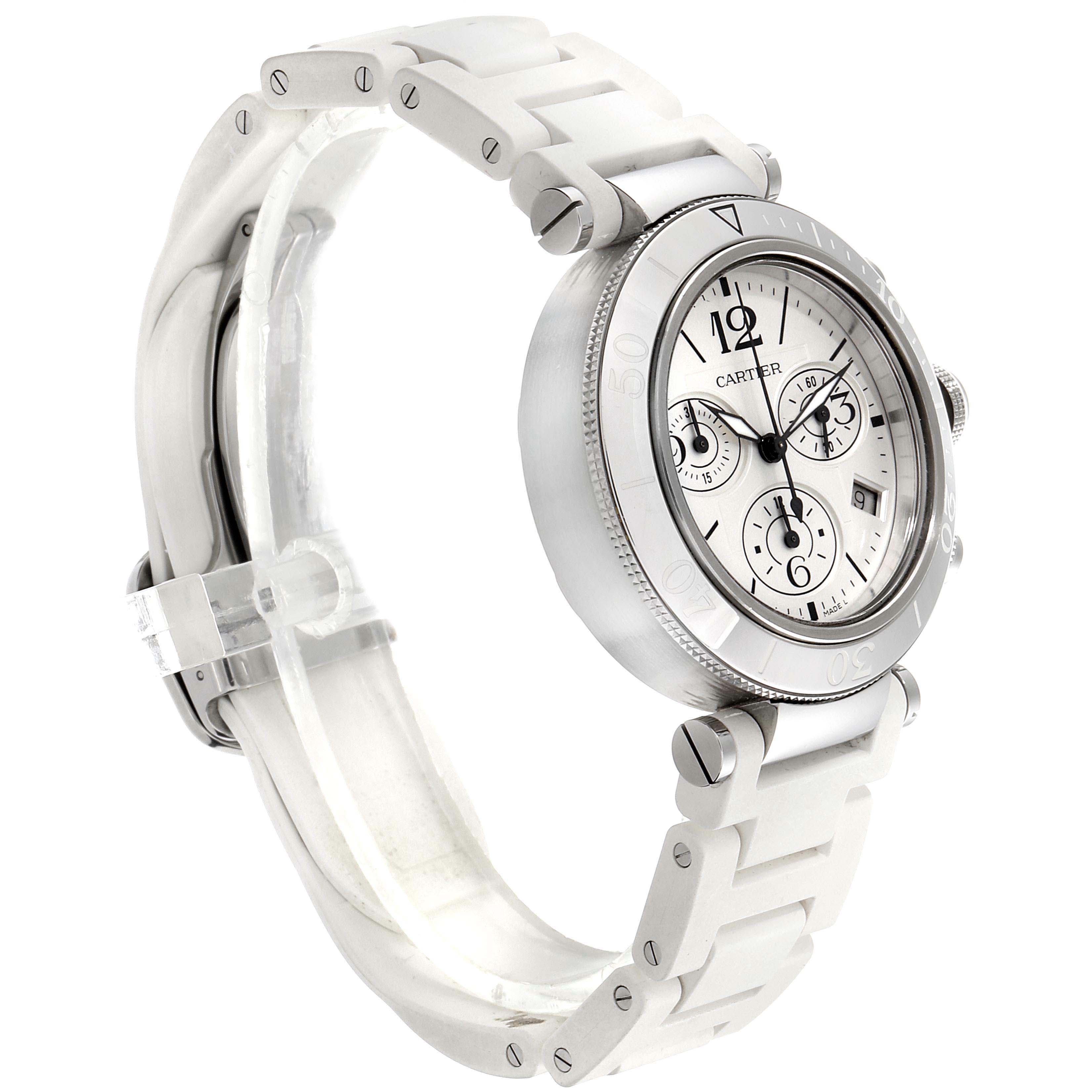 The image shows a side angle of the Cartier Pasha W3140005 Men's Stainless Steel White Dial W3140005 Men's Stainless Steel White Dial watch focusing on its face, bezel, and partially on its white strap.