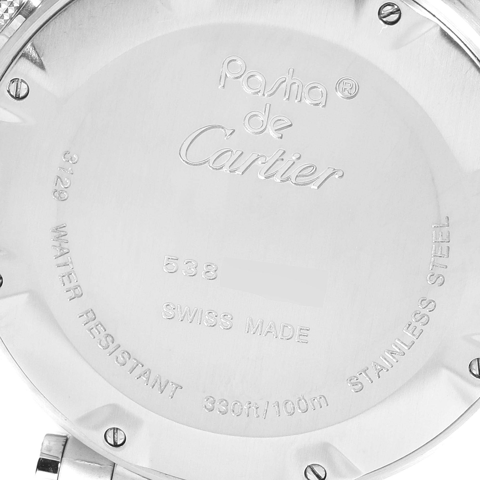 This image shows the back case of a Cartier Pasha W3140005 Men's Stainless Steel White Dial W3140005 Men's Stainless Steel White Dial watch with engraving details.