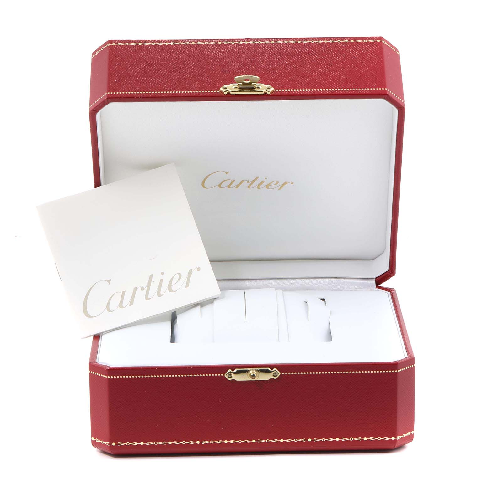 The image shows an open Cartier Pasha W3140005 Men's Stainless Steel White Dial W3140005 Men's Stainless Steel White Dial watch box and a white booklet with the Cartier logo.