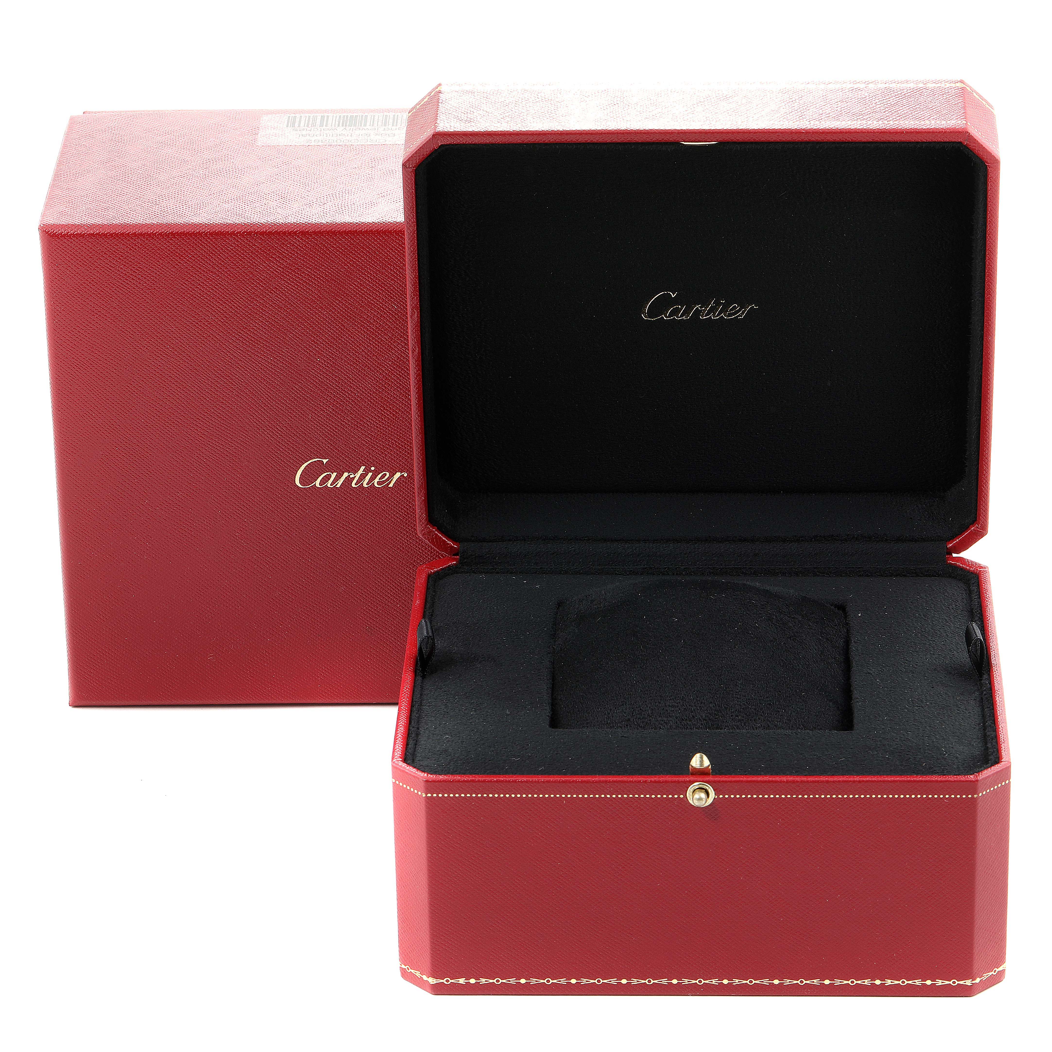 The image shows an open red Cartier box for the Pasha model watch, with a black interior.