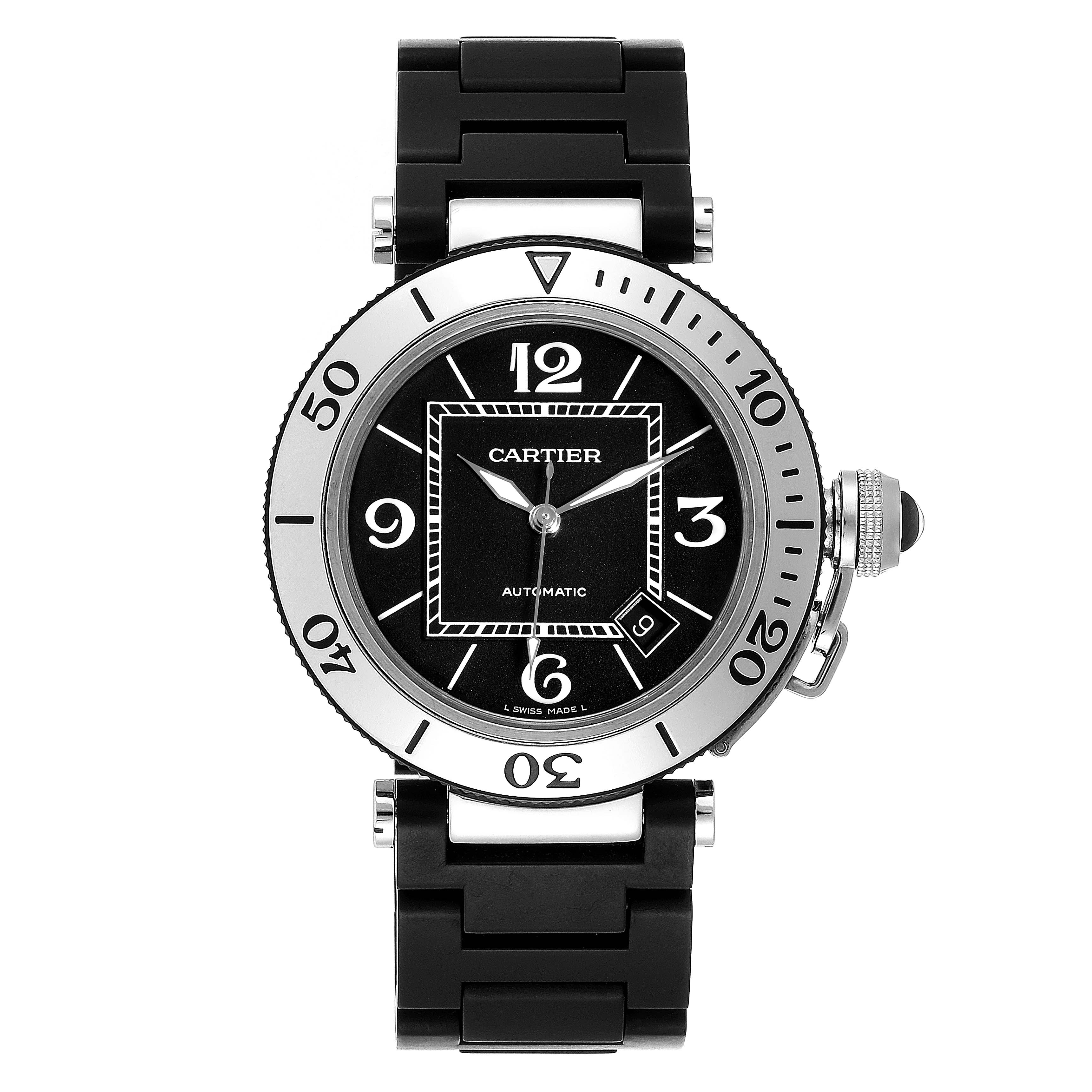 The image shows a front view of a Cartier Pasha W31088U2 Men's Stainless Steel Black Dial W31088U2 Men's Stainless Steel Black Dial watch, displaying its black dial, bezel, and bracelet.
