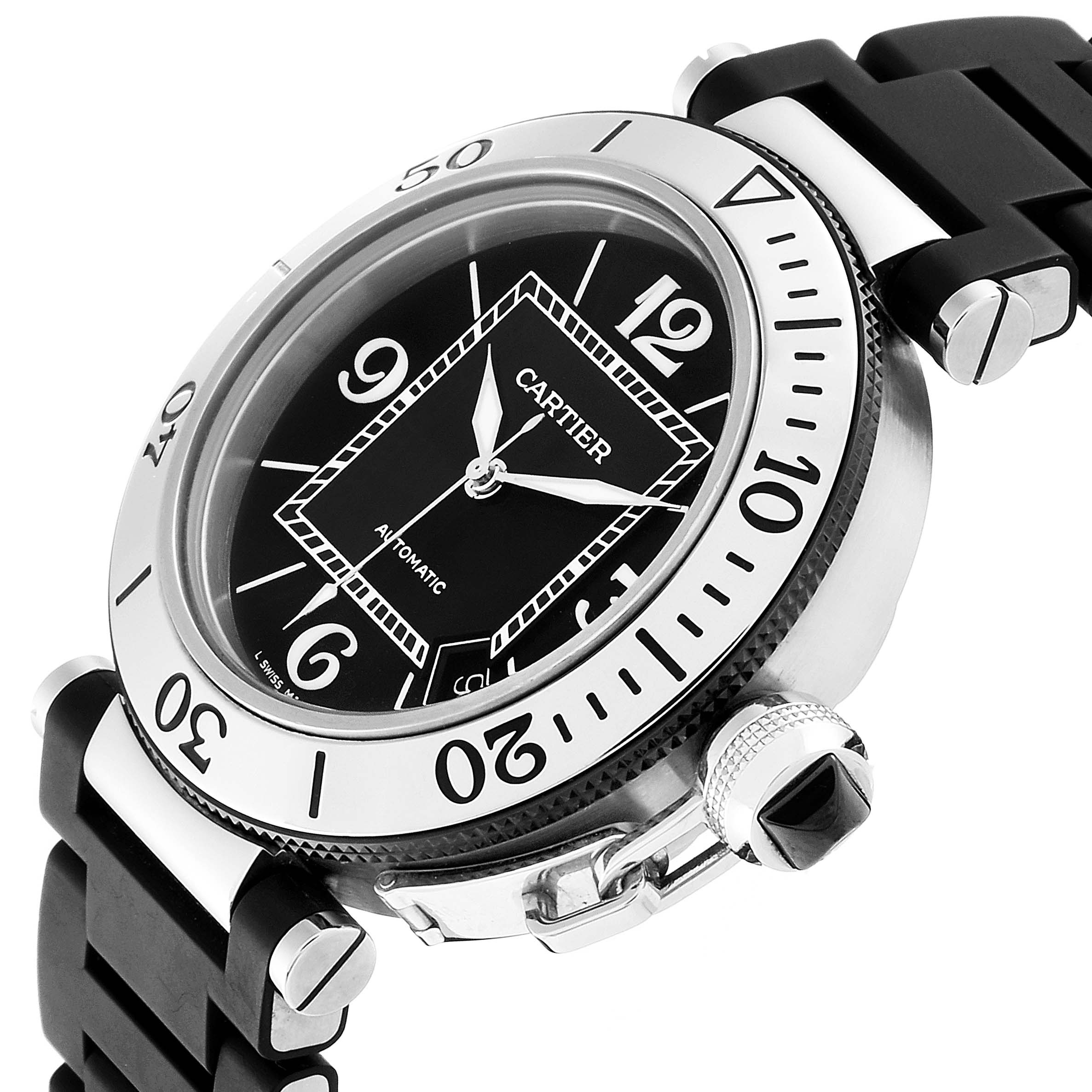 The image shows a Cartier Pasha W31088U2 Men's Stainless Steel Black Dial W31088U2 Men's Stainless Steel Black Dial watch at an angled close-up, highlighting the face, bezel, crown, and part of the strap.