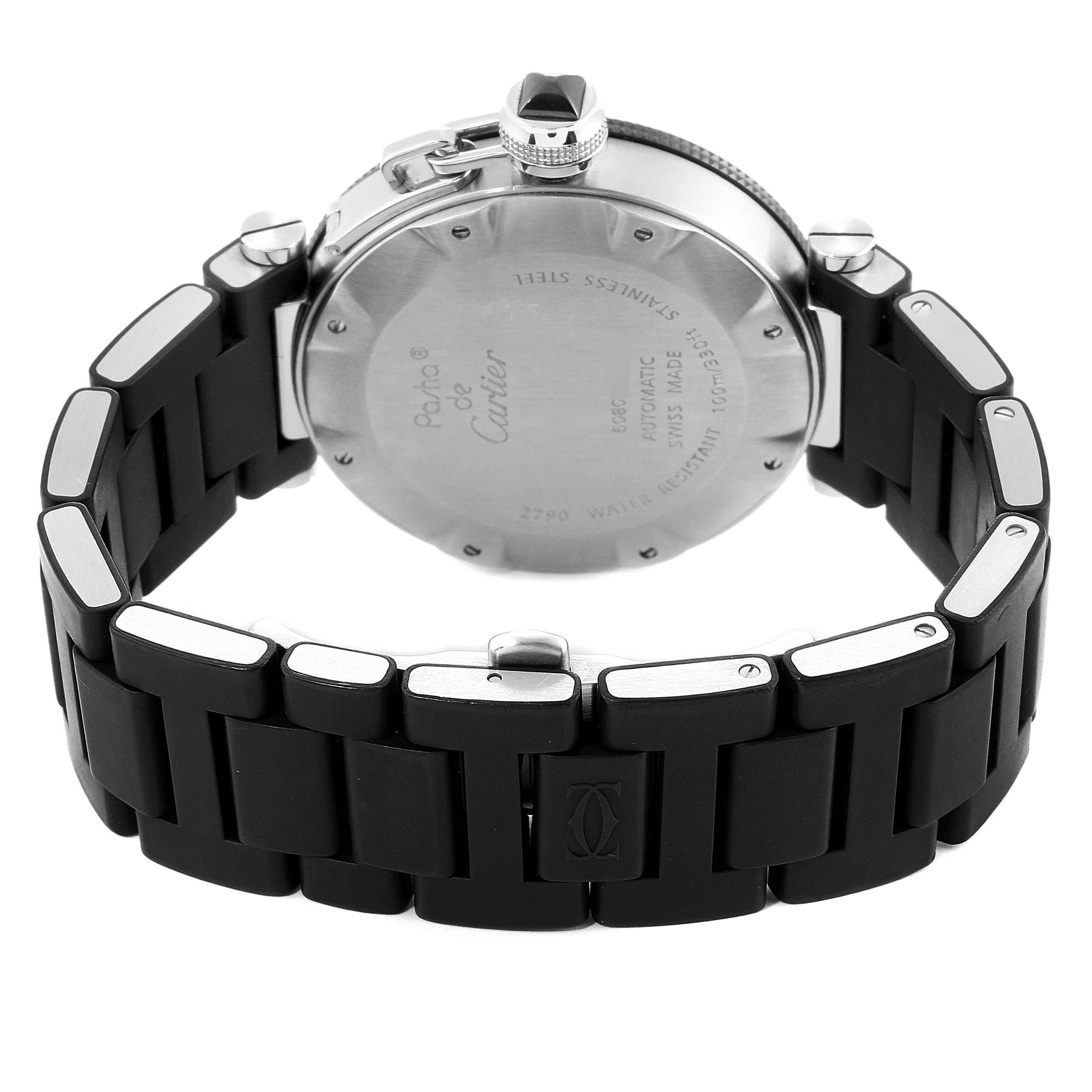 The image shows the back of a Cartier Pasha W31088U2 Men's Stainless Steel Black Dial W31088U2 Men's Stainless Steel Black Dial watch, highlighting the case back and black bracelet links.