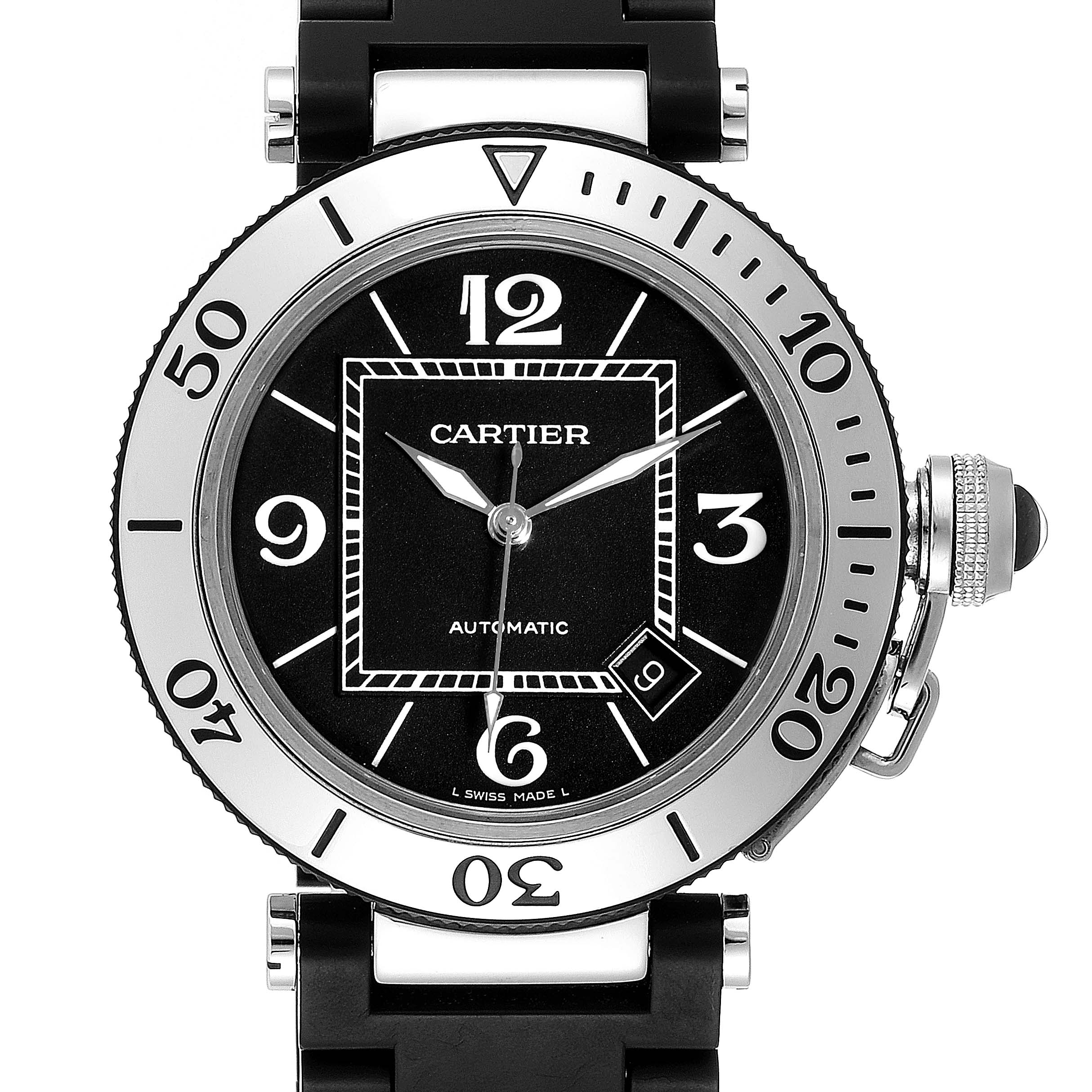 This image shows a frontal view of the Cartier Pasha W31088U2 Men's Stainless Steel Black Dial W31088U2 Men's Stainless Steel Black Dial model watch, highlighting the face, bezel, and part of the strap.