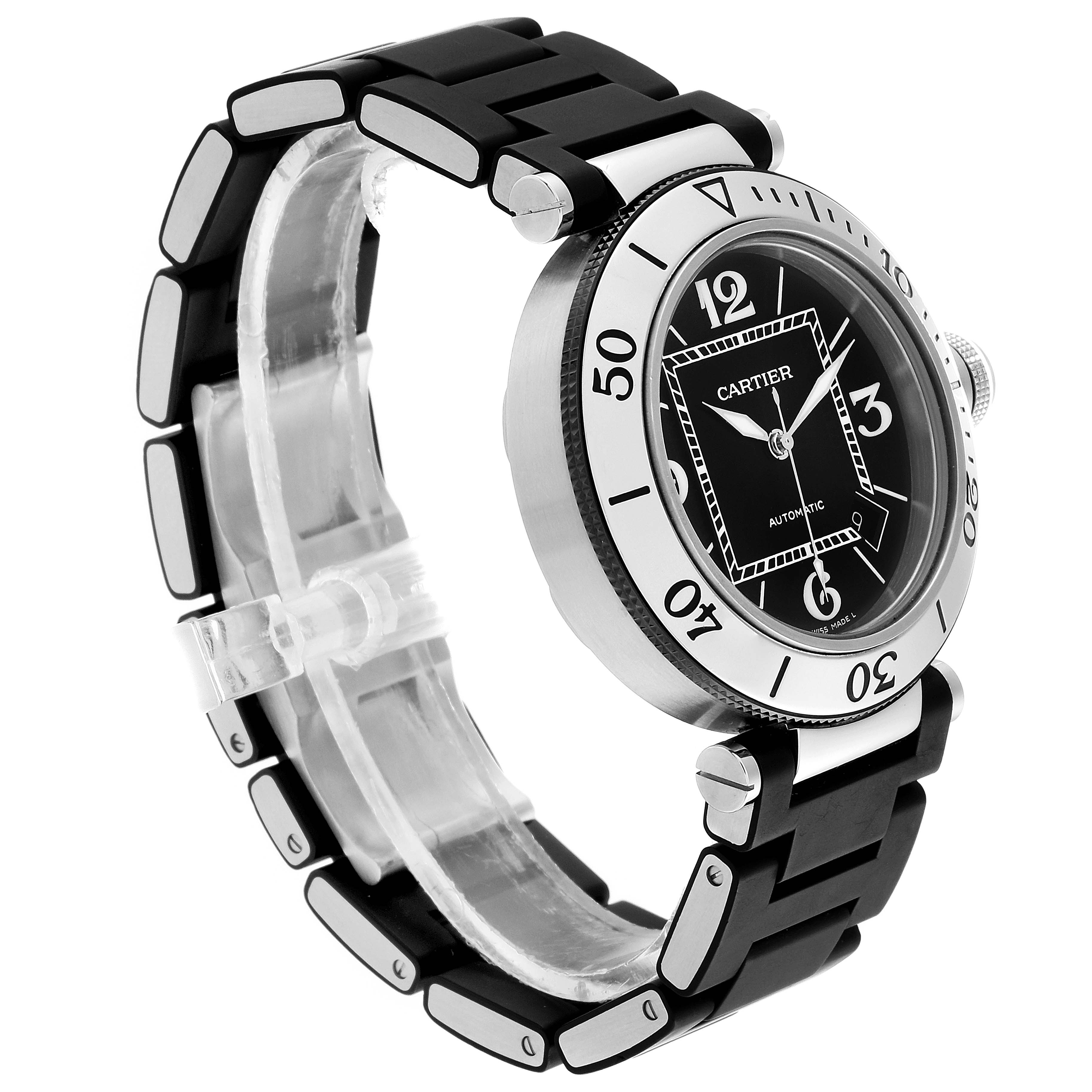 This image shows a side angle of a Cartier Pasha W31088U2 Men's Stainless Steel Black Dial W31088U2 Men's Stainless Steel Black Dial watch, highlighting the black strap, bezel, and dial.