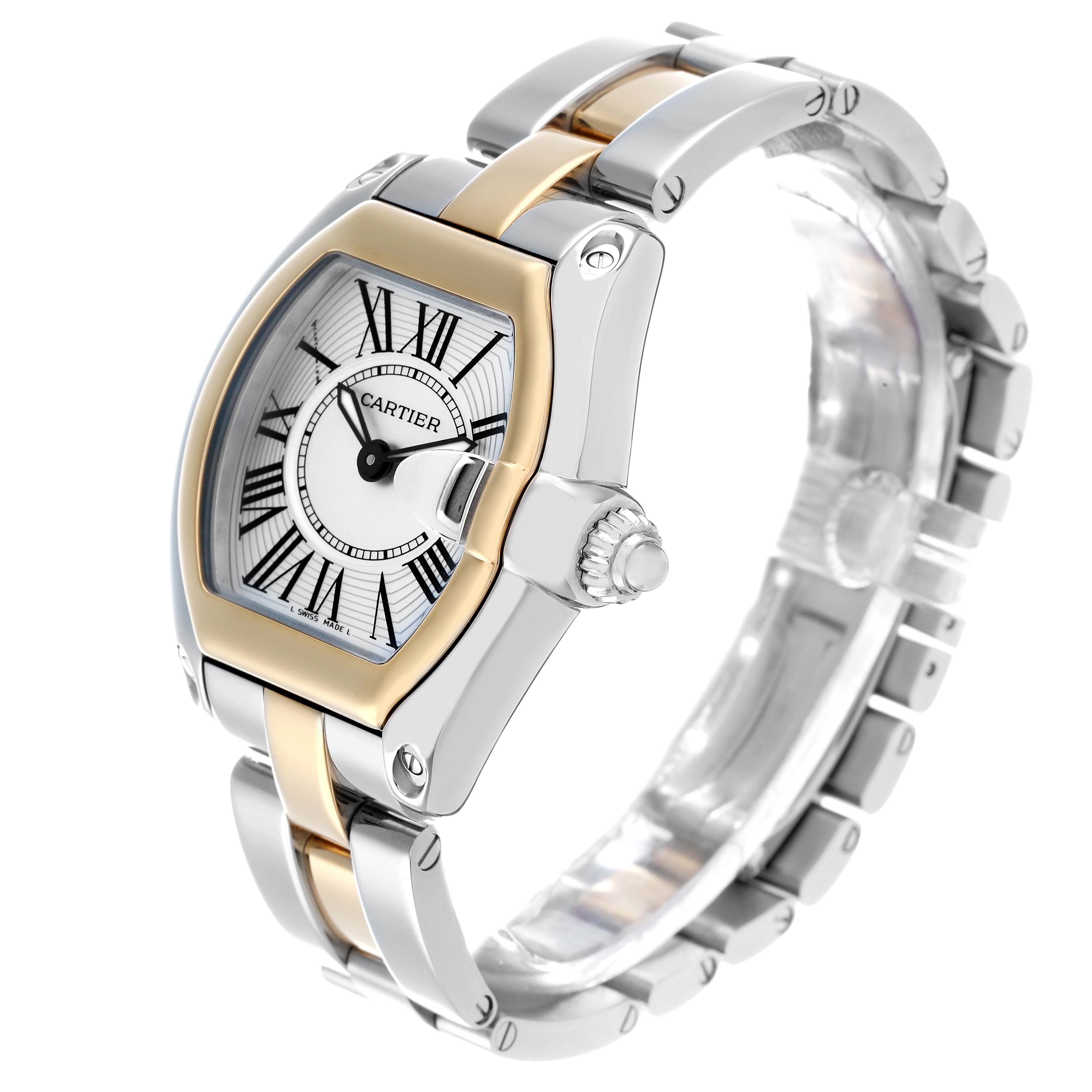 The Cartier Roadster W62026Y4 Women
s Steel and Gold (two tone) Silver Dial watch is shown at a three-quarter angle, highlighting its case, dial, bracelet, and crown.