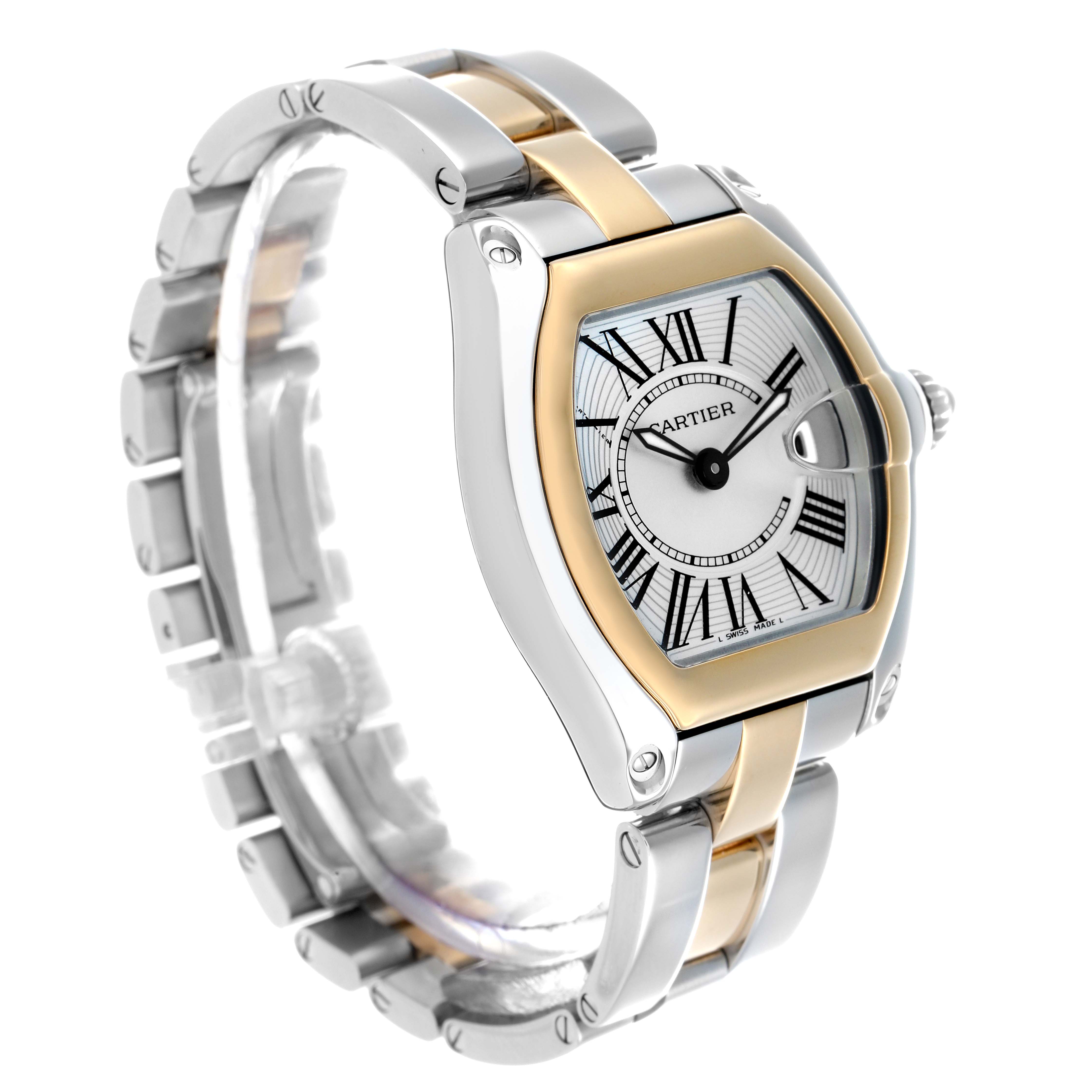 The Cartier Roadster W62026Y4 Women
s Steel and Gold (two tone) Silver Dial watch is shown at a three-quarter angle highlighting its face, case, and bracelet.