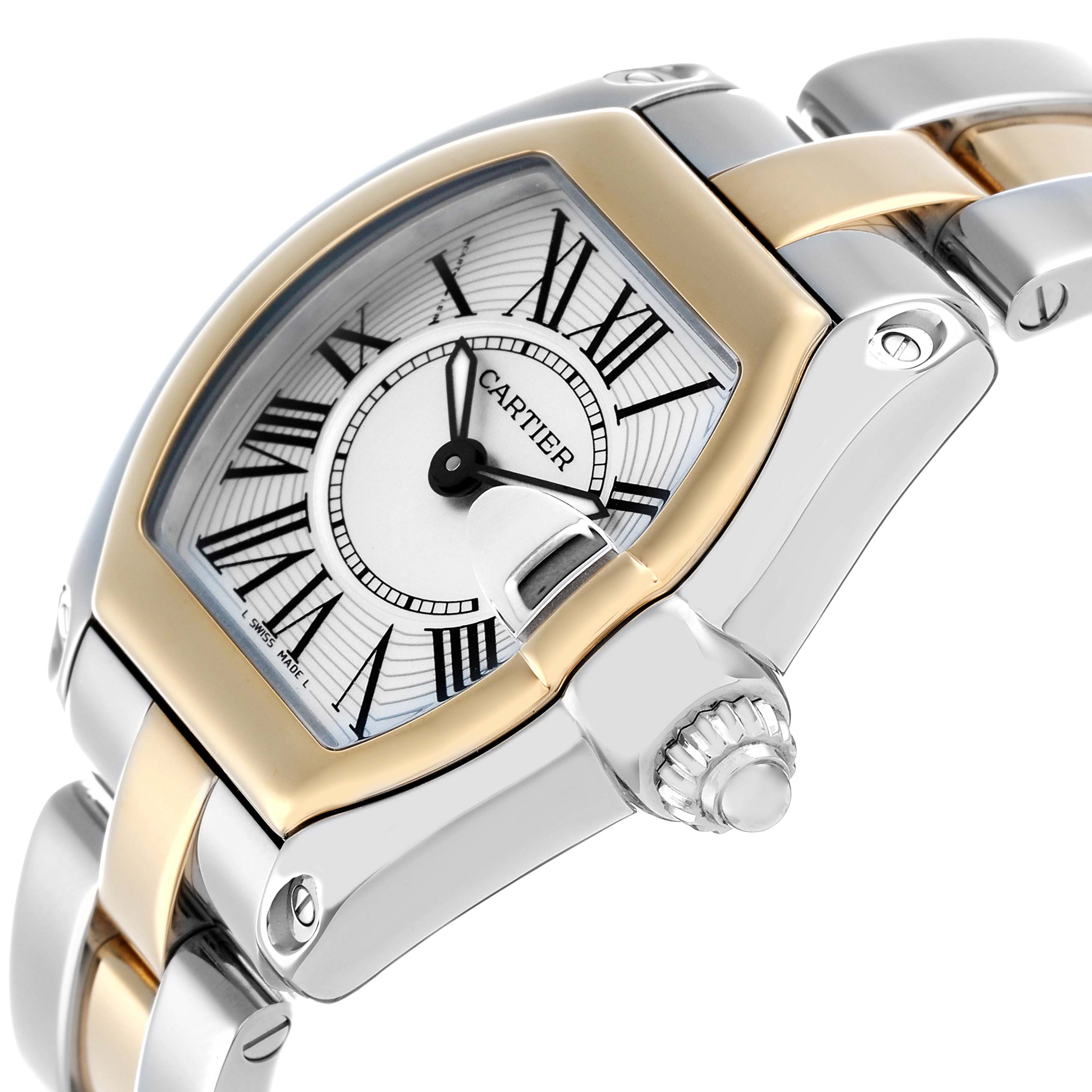 The Cartier Roadster W62026Y4 Women
s Steel and Gold (two tone) Silver Dial watch is shown at an angled view, highlighting its case, crown, and two-tone bracelet.
