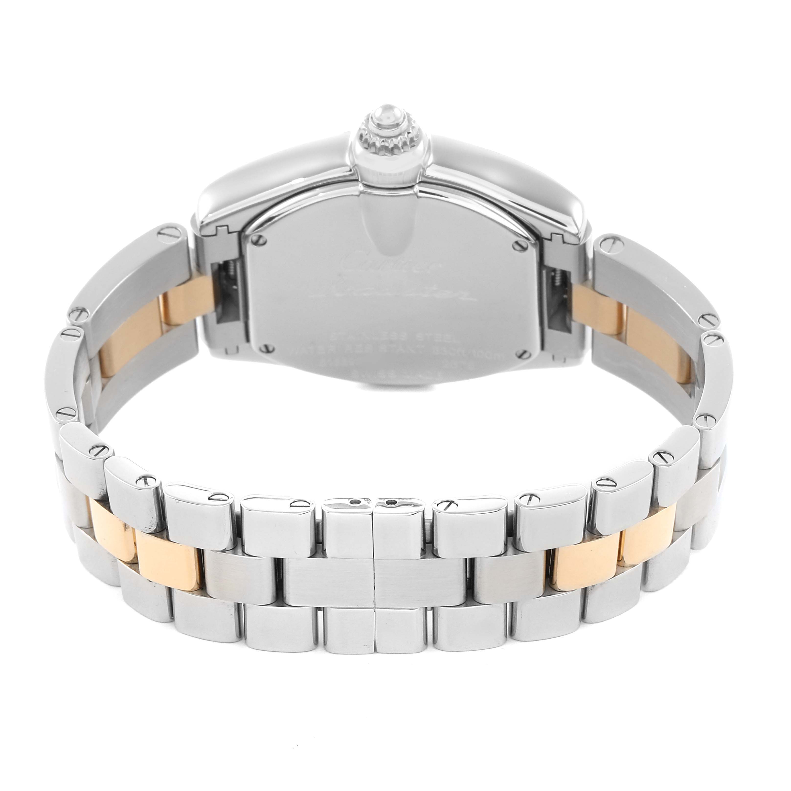 The Cartier Roadster W62026Y4 Women
s Steel and Gold (two tone) Silver Dial watch is shown from the back, featuring the case back and part of the bracelet.