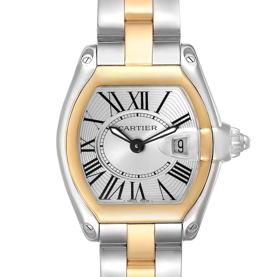 The Cartier Roadster W62026Y4 Women's Steel and Gold (two tone) Silver Dial watch is shown from a top view, highlighting its two-tone bracelet, silver dial, Roman numerals, and date window.