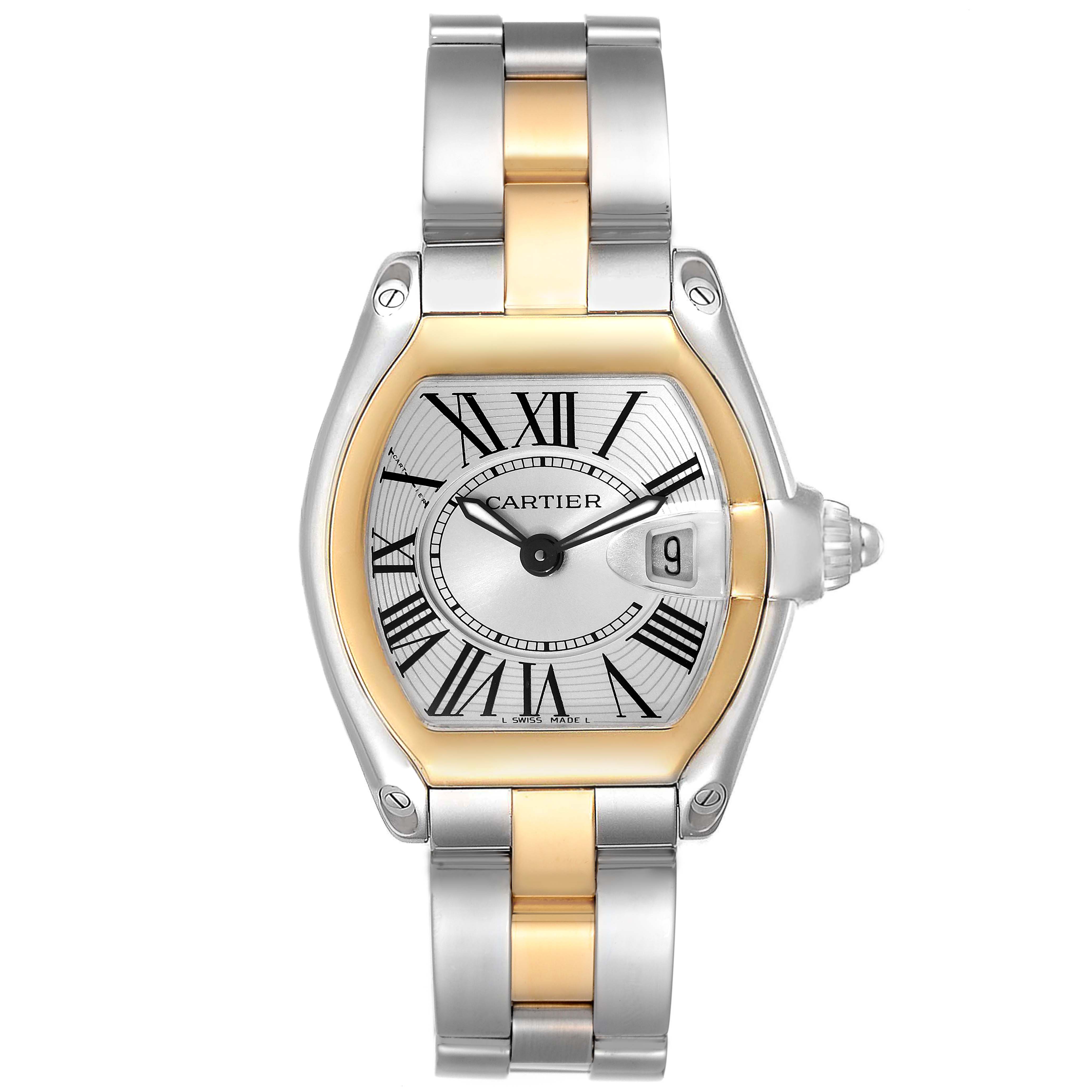 The Cartier Roadster W62026Y4 Women
s Steel and Gold (two tone) Silver Dial watch is shown from a front angle, displaying its face, bezel, crown, and dual-tone bracelet.
