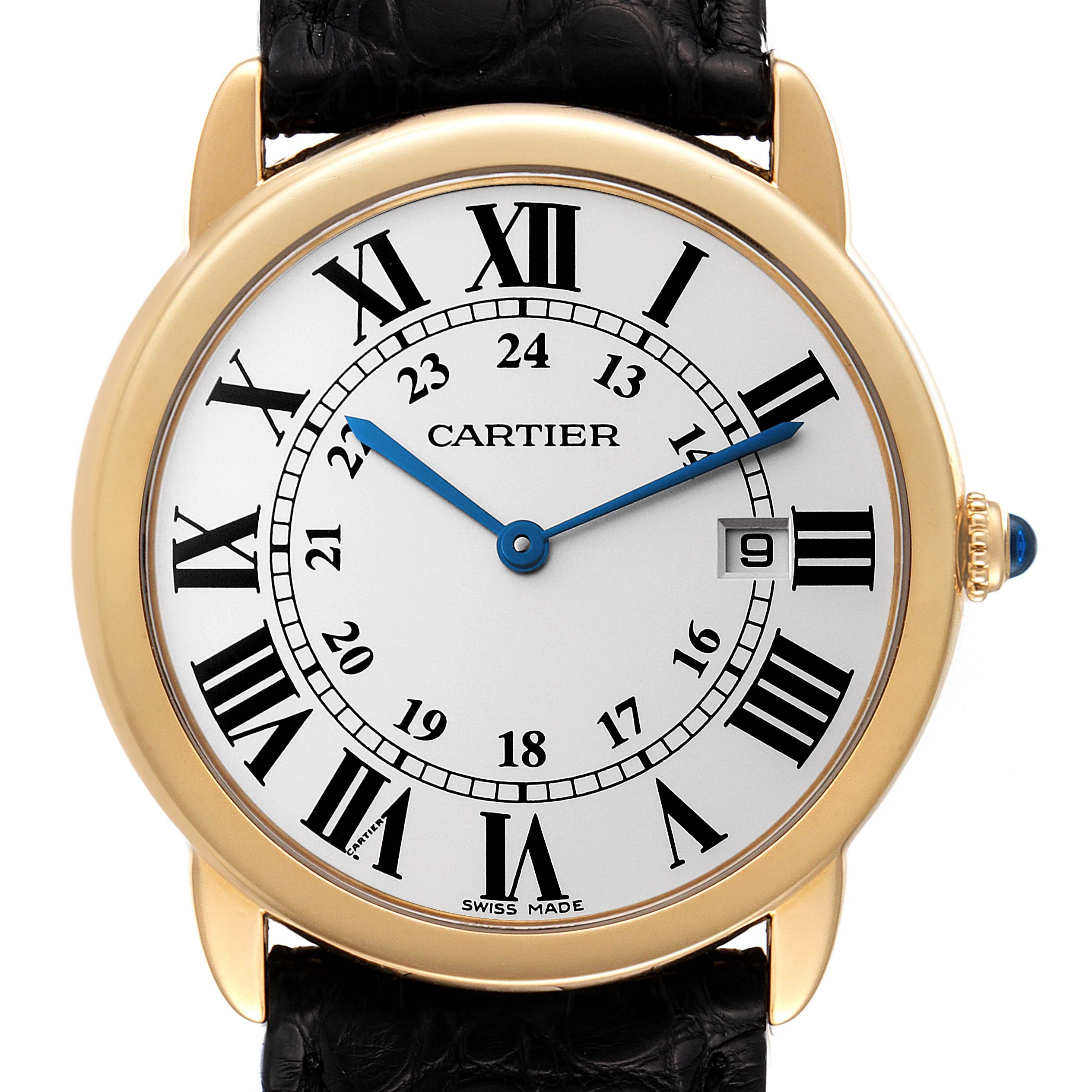 Front view of a Cartier Ronde W6700455 Men's Steel and Gold (two tone) Silver Dial W6700455 Men's Steel and Gold (two tone) Silver Dial model watch showing the dial, gold case, black leather strap, and blue hands and crown.
