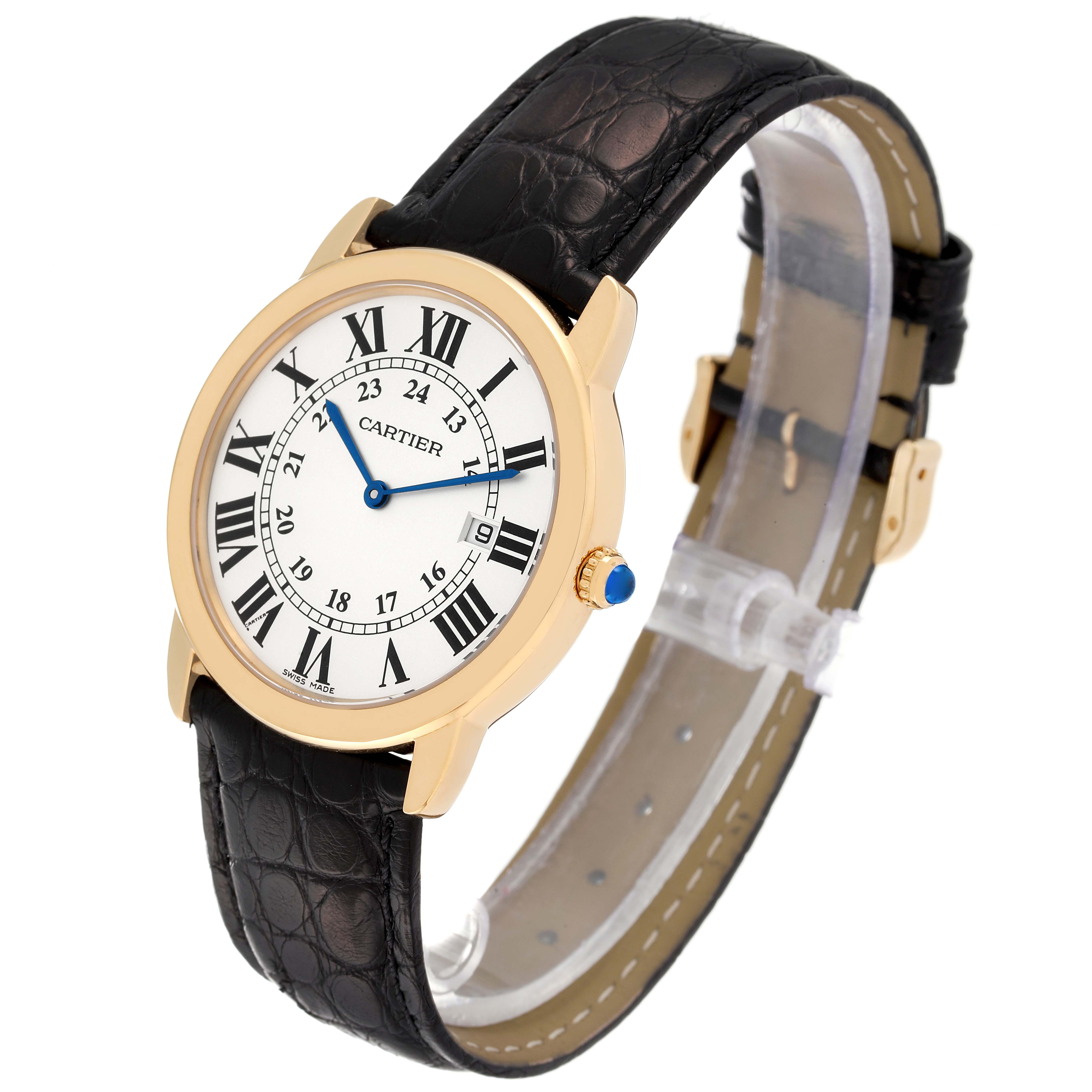 This image shows a Cartier Ronde W6700455 Men's Steel and Gold (two tone) Silver Dial W6700455 Men's Steel and Gold (two tone) Silver Dial watch at a three-quarter angle, featuring its face, black leather strap, and gold case.