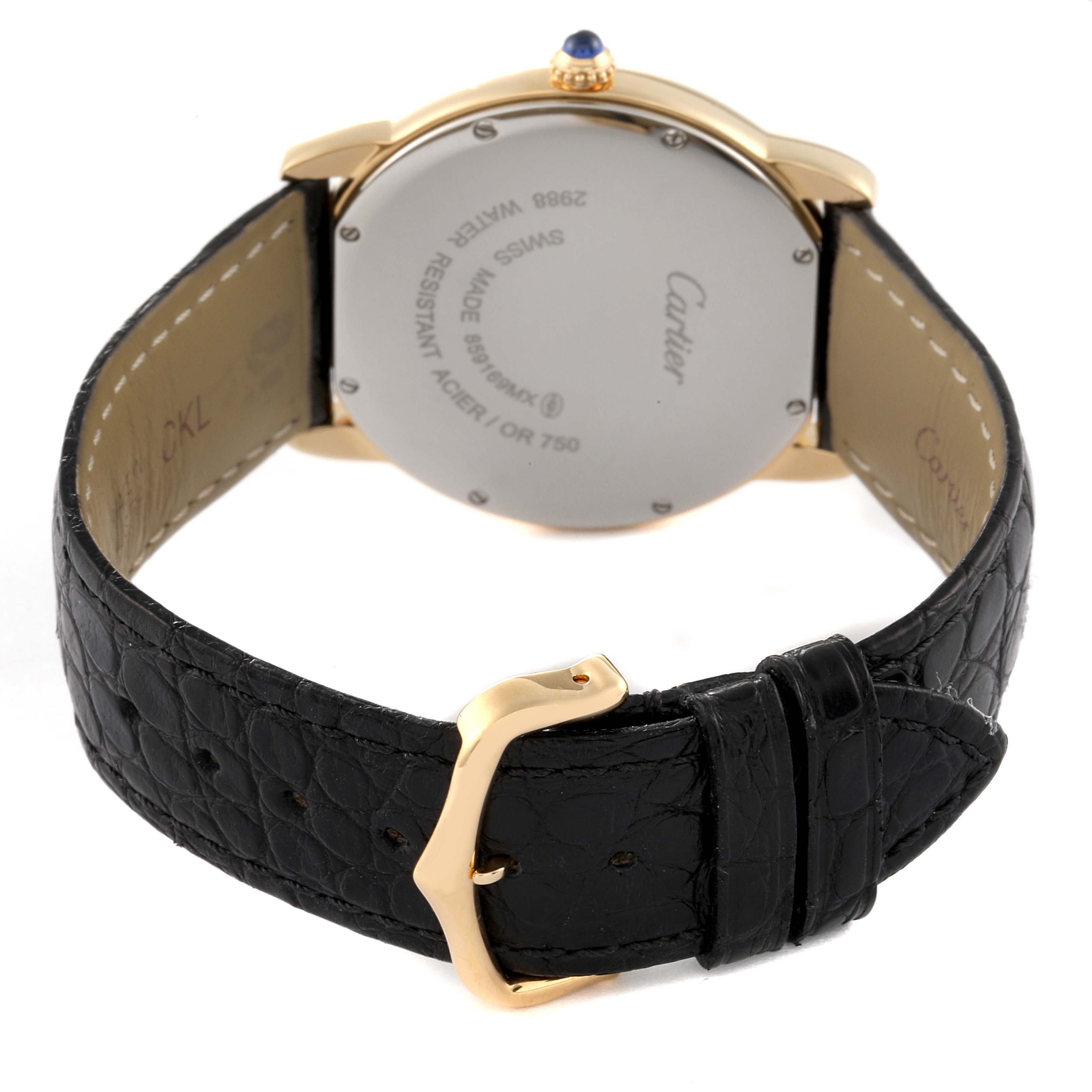 The image shows the back case and black alligator leather strap of the Cartier Ronde W6700455 Men's Steel and Gold (two tone) Silver Dial W6700455 Men's Steel and Gold (two tone) Silver Dial watch.
