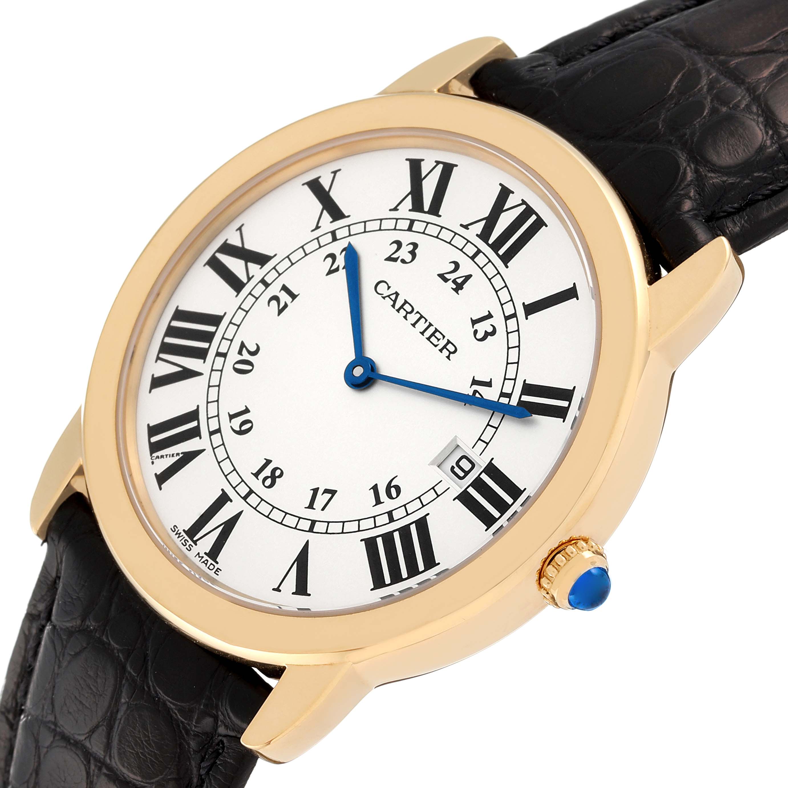This image shows a close-up of the Cartier Ronde W6700455 Men's Steel and Gold (two tone) Silver Dial W6700455 Men's Steel and Gold (two tone) Silver Dial watch face, bezel, crown, and black leather strap from an angled perspective.