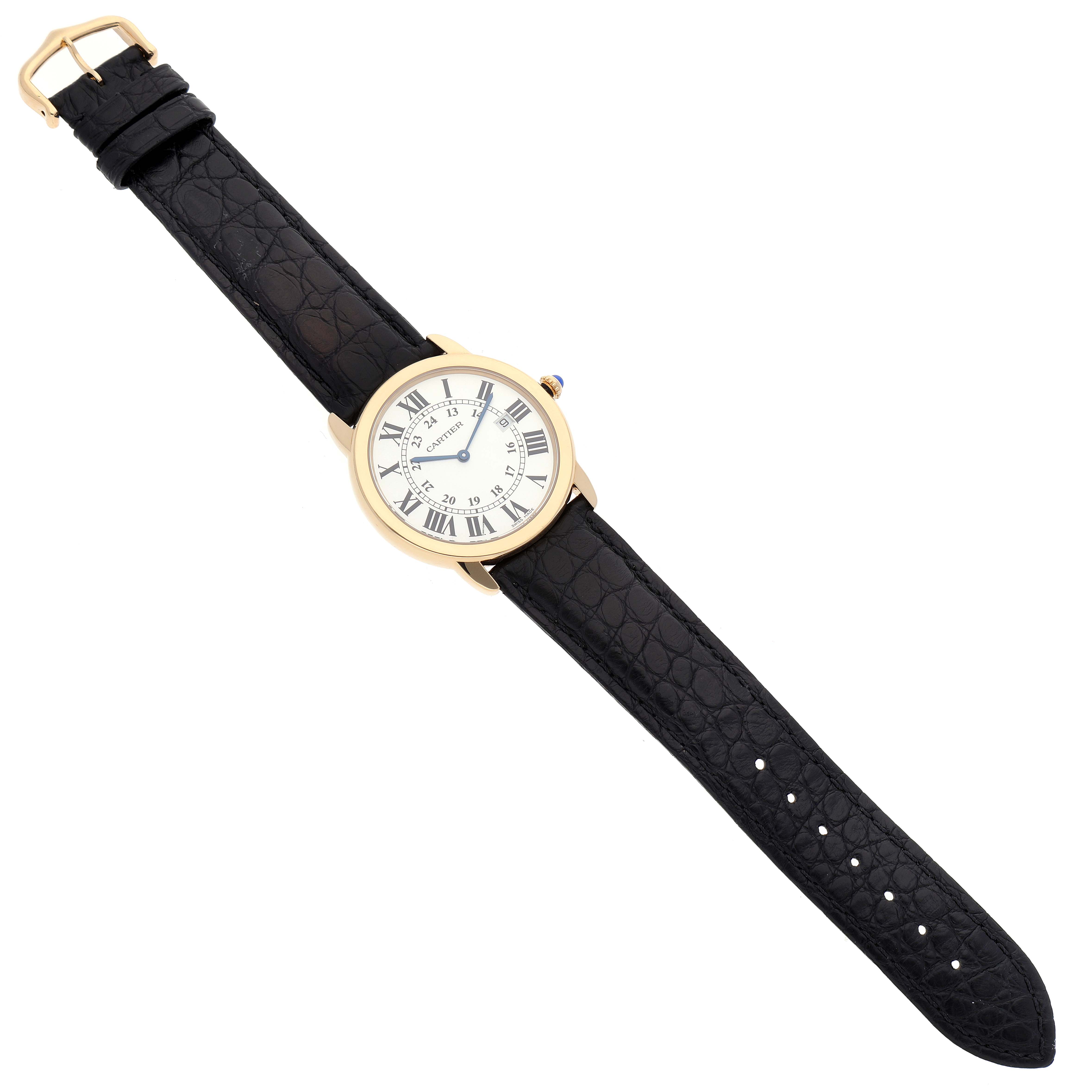 The Cartier Ronde W6700455 Men's Steel and Gold (two tone) Silver Dial W6700455 Men's Steel and Gold (two tone) Silver Dial watch is shown from a top-down angle, displaying the face, black leather strap, and gold bezel.