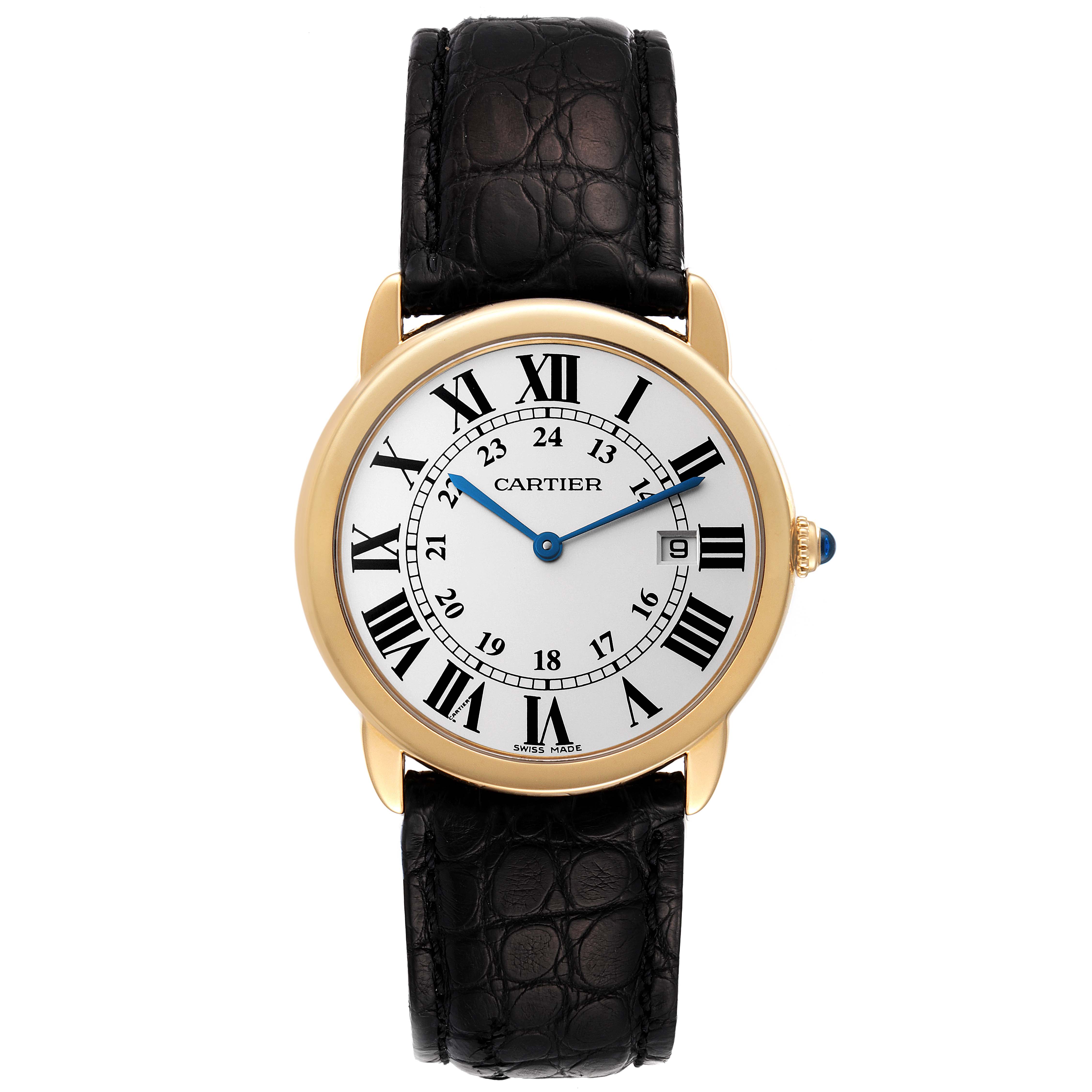 This image shows a front view of the Cartier Ronde W6700455 Men's Steel and Gold (two tone) Silver Dial W6700455 Men's Steel and Gold (two tone) Silver Dial watch, highlighting its white dial, Roman numerals, and black leather strap.