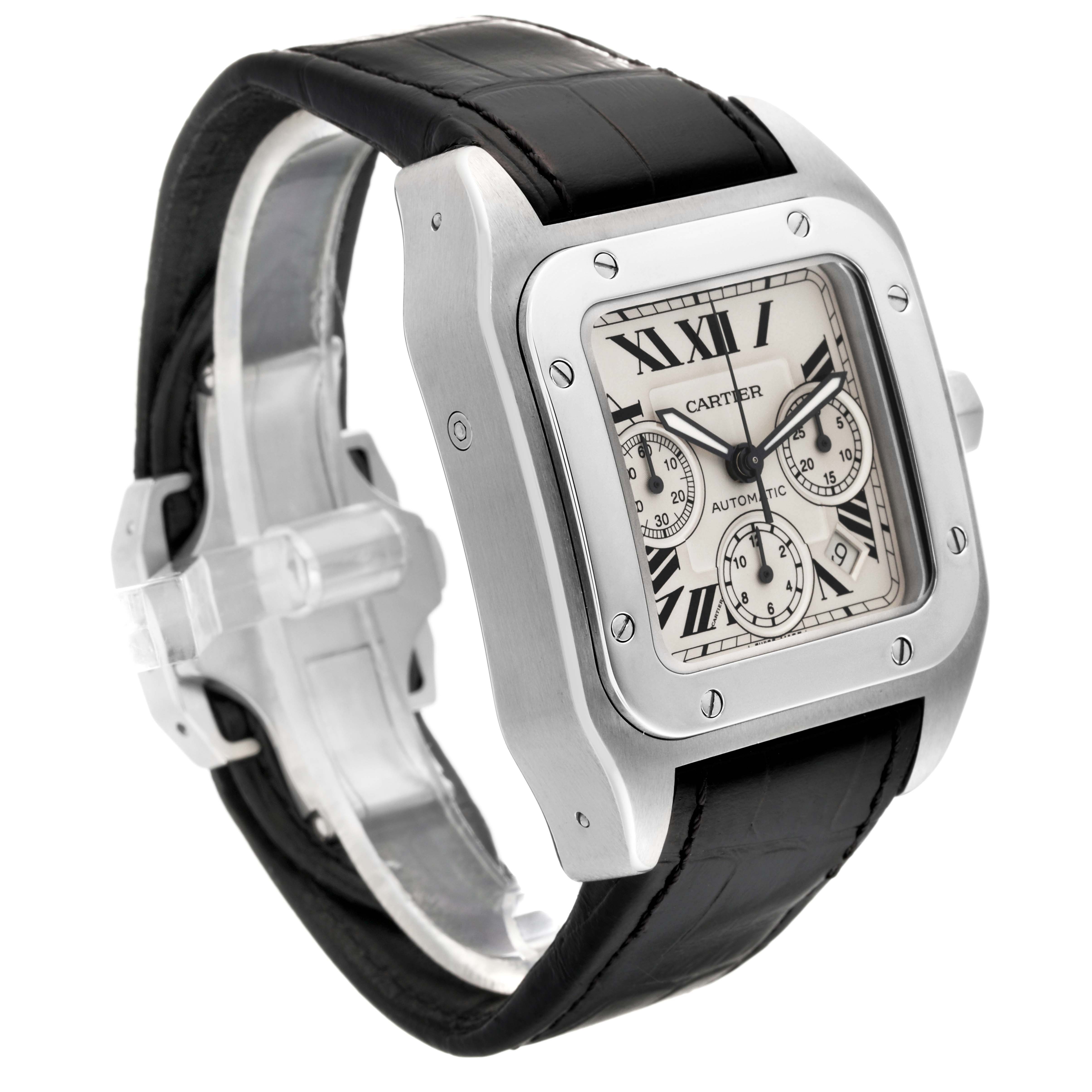 The Cartier Santos W20090X8 Men
s Stainless Steel Silver Dial W20090X8 Men
s Stainless Steel Silver Dial watch is shown at an angled view, featuring its rectangular face, Roman numerals, chronograph dials, and black leather strap.