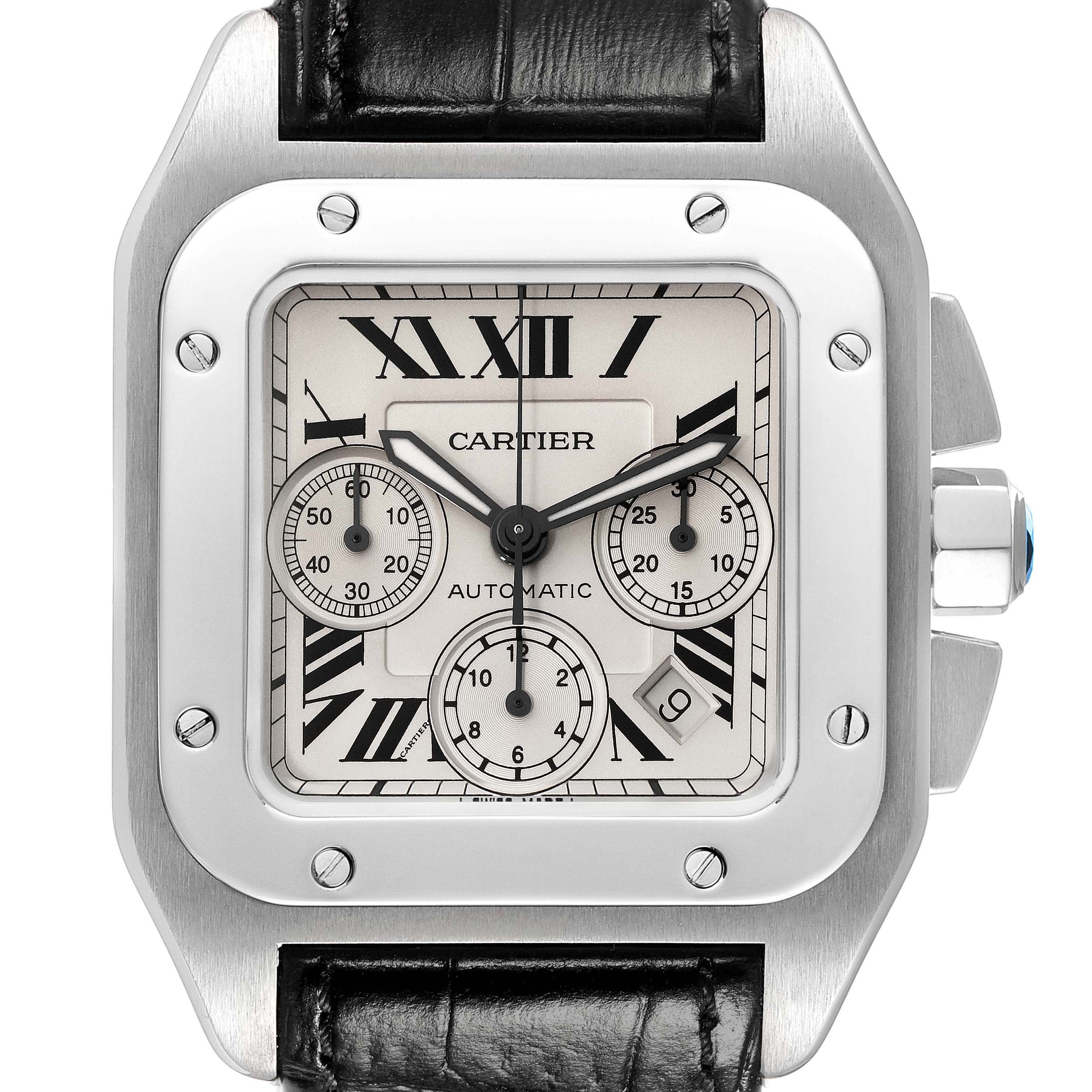 This image shows a front view of the Cartier Santos W20090X8 Men
s Stainless Steel Silver Dial W20090X8 Men
s Stainless Steel Silver Dial watch, highlighting the dial, subdials, and leather strap.