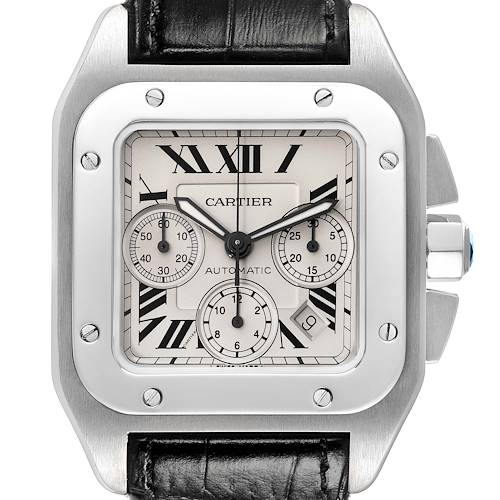 This is a front-facing view of the Cartier Santos watch, showcasing its rectangular dial, chronograph subdials, and black leather strap.