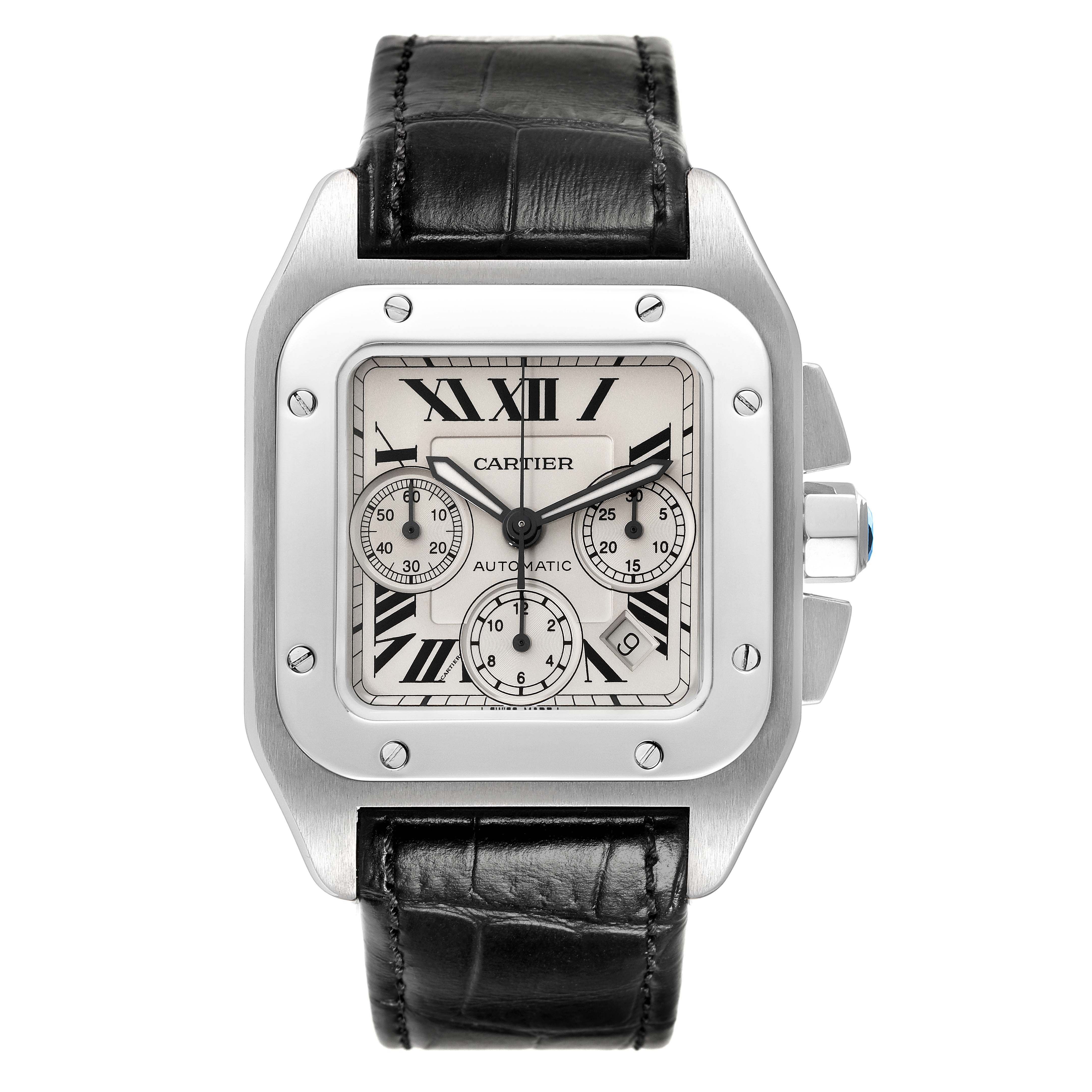 The Cartier Santos W20090X8 Men
s Stainless Steel Silver Dial W20090X8 Men
s Stainless Steel Silver Dial model watch is shown from a front angle, displaying its white dial, chronograph sub-dials, and black leather strap.
