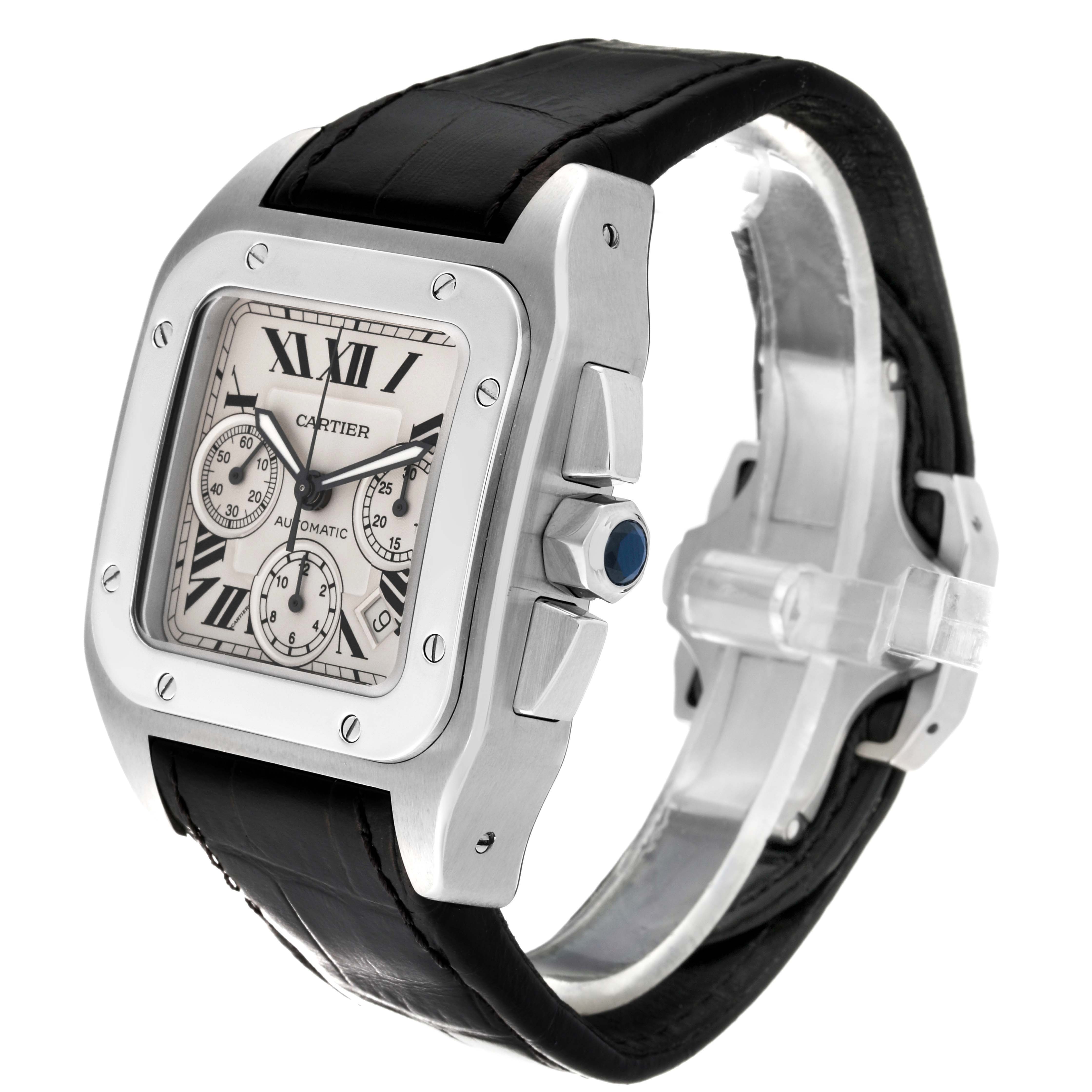 The Cartier Santos W20090X8 Men
s Stainless Steel Silver Dial W20090X8 Men
s Stainless Steel Silver Dial watch is shown at a three-quarter angle, highlighting the bezel, crown, dial, and leather strap.