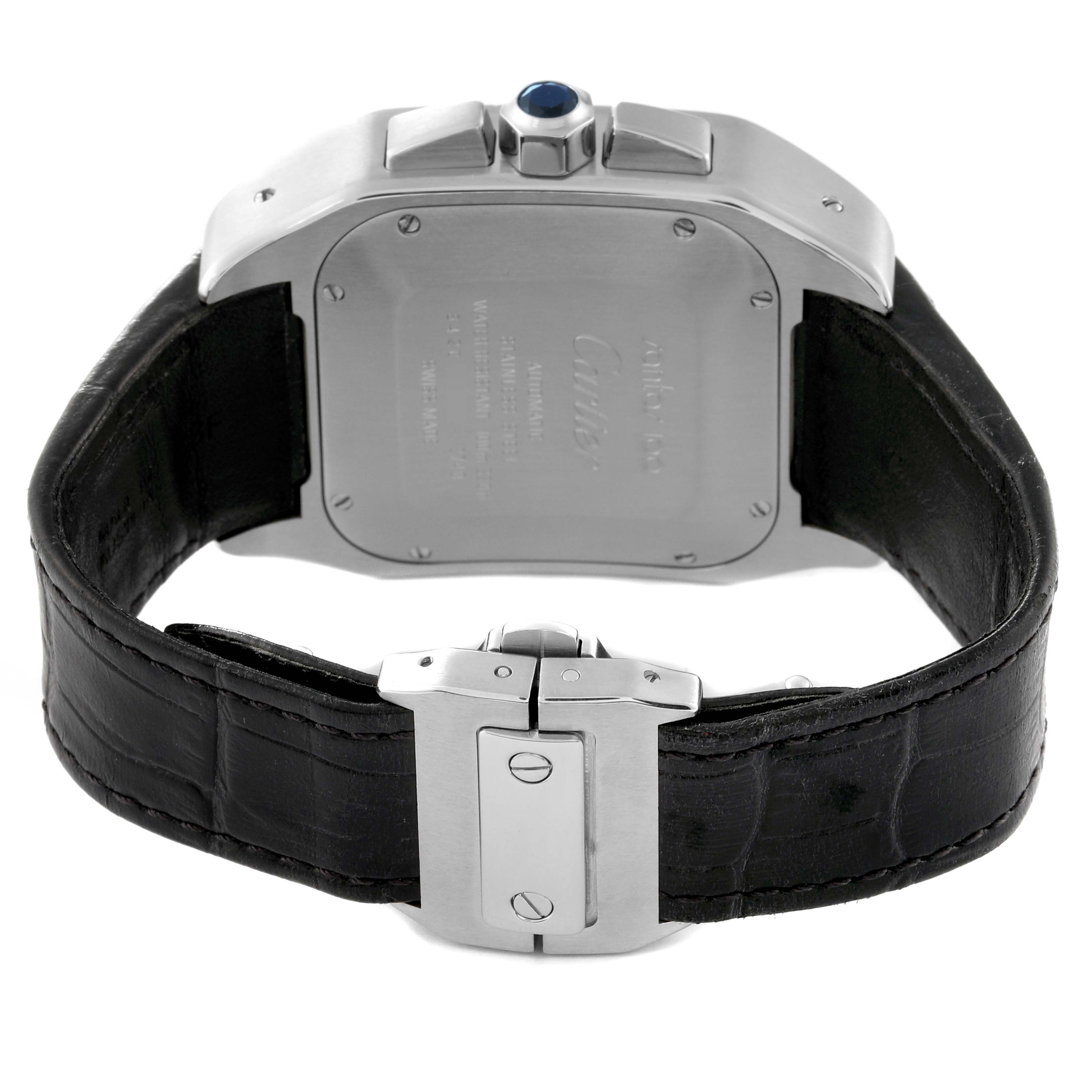 This image shows the back of a Cartier Santos W20090X8 Men
s Stainless Steel Silver Dial W20090X8 Men
s Stainless Steel Silver Dial watch, including the case back, crown, and black leather strap with a clasp.