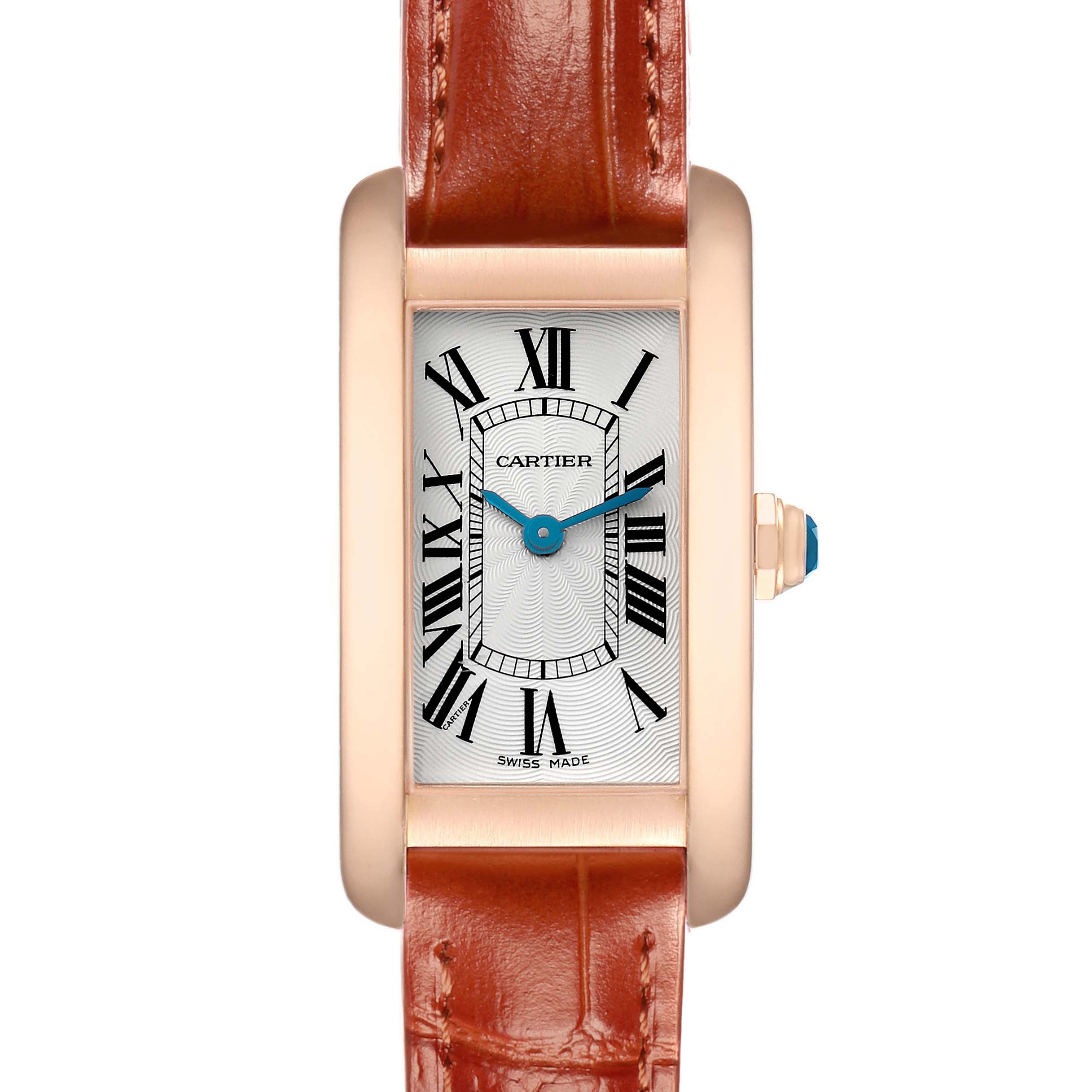 The Tank Américaine by Cartier is shown from a front-facing angle, displaying the face, Roman numerals, and leather strap.